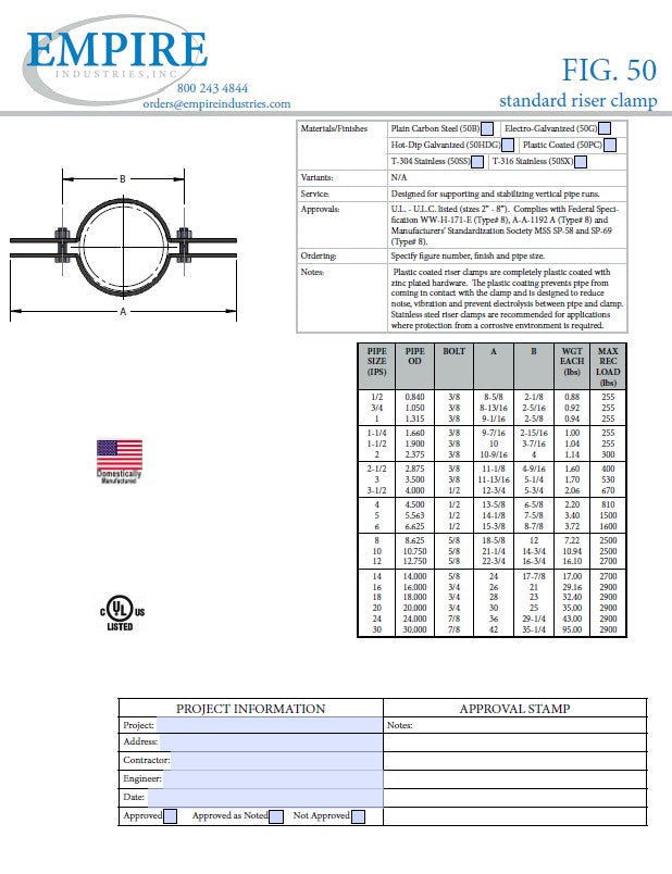 2-1/2" AIS-Compliant Standard Riser Clamp 316 Stainless Steel #AIS50SX0250
