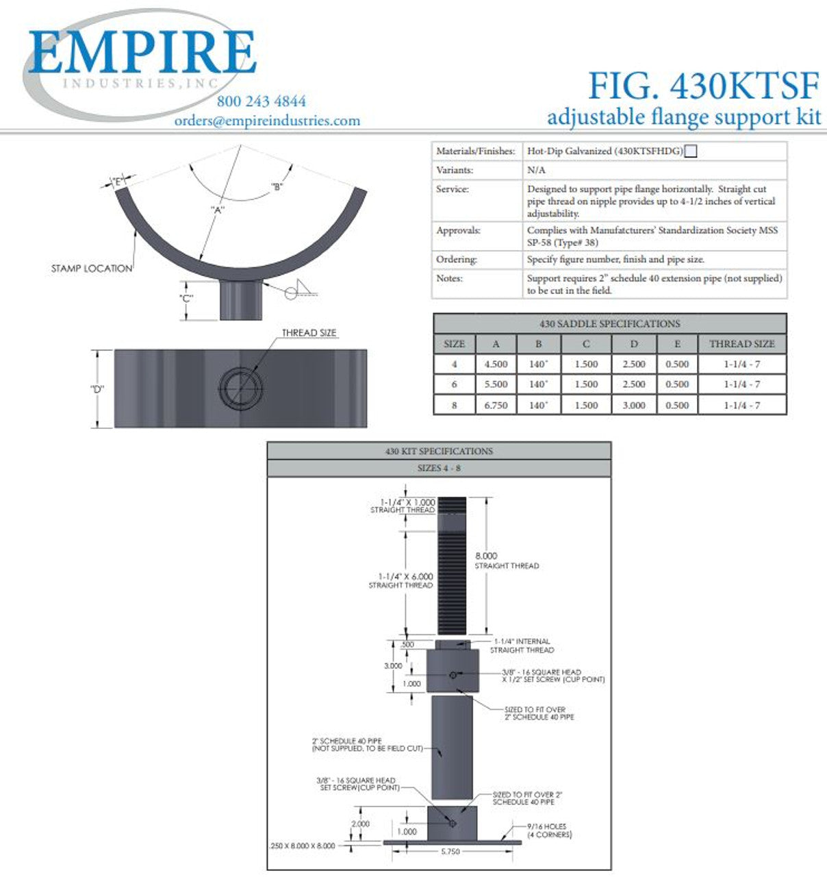 Empire 430 KT Adjustable Flange Support / Stanchion Galvanized