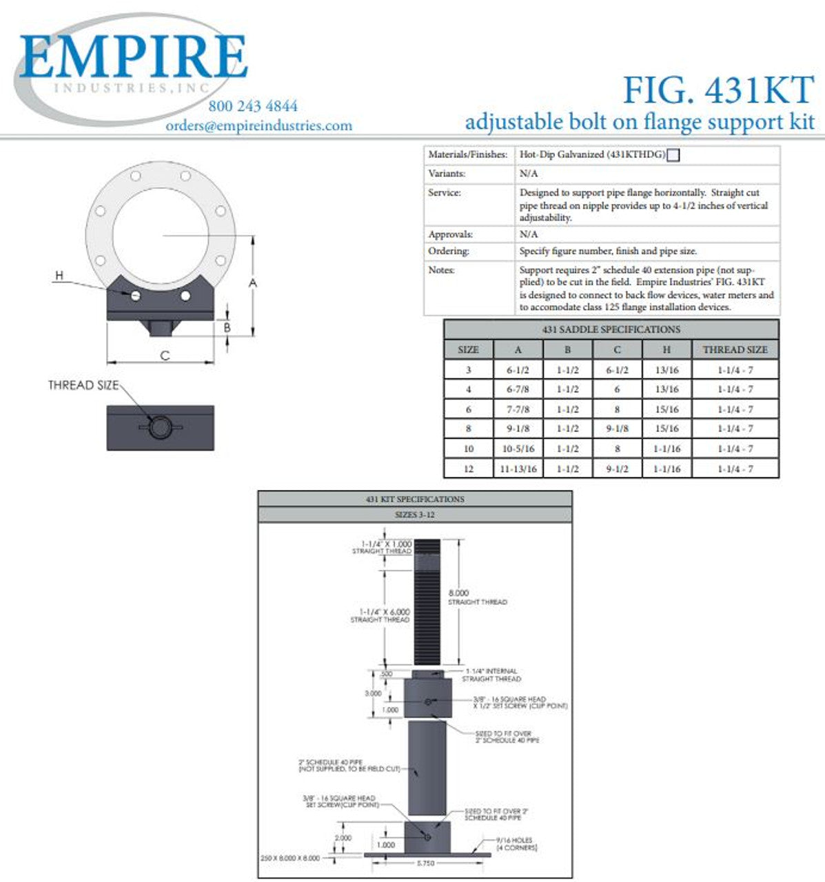 Empire 431KT Adjustable Flange Support / Stanchion Galvanized