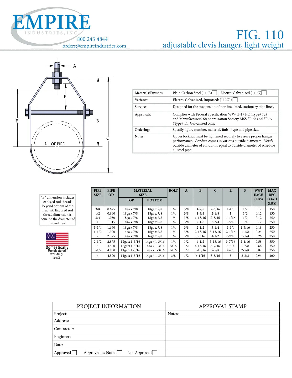 Adjustable Light Weight Clevis Hanger, 1-1/4 in Pipe, 3/8 in Rod, 250 lb Load, Carbon Steel, Electro-Galvanized - Specification Sheet