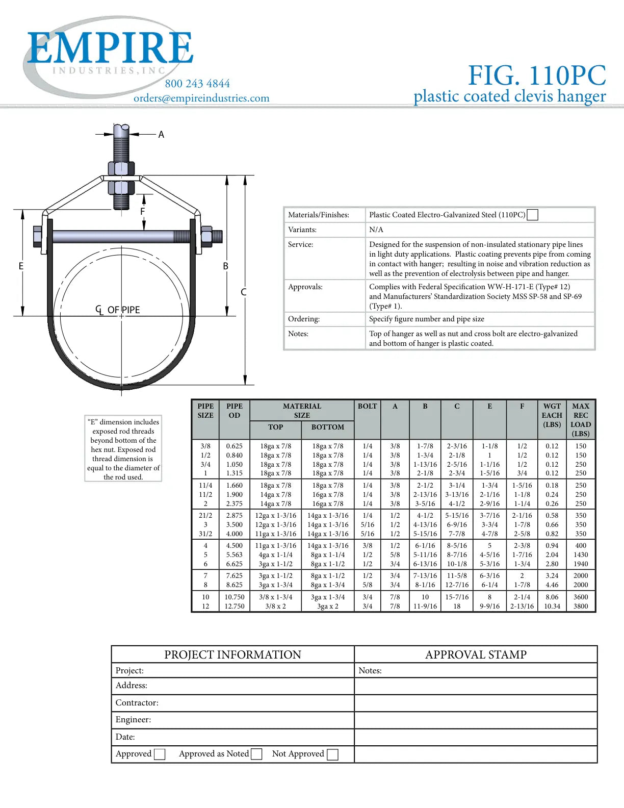 Clevis Hanger, 3-1/2 in Pipe, 1/2 in Rod, 350 lb Load, Carbon Steel, Plastic Coated Electro-Galvanized - Specification Sheet