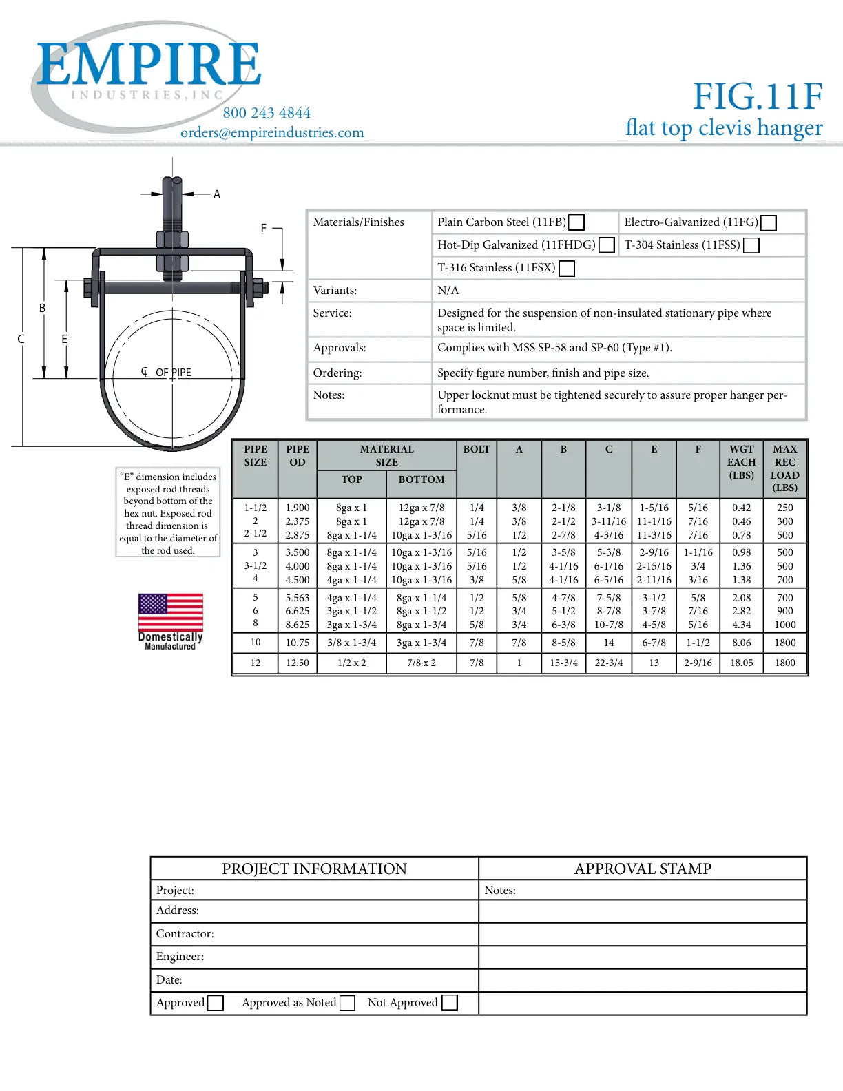 Flat Top Clevis Hanger, 2 in Pipe, 2-1/2 in Rod, 300 lb Load, Carbon Steel, Electro-Galvanized - Specification Sheet