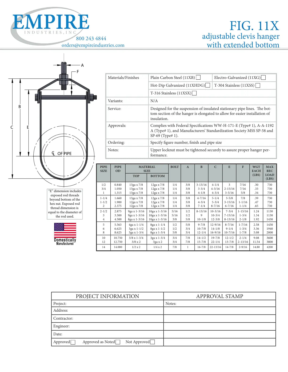 Adjustable Clevis Hanger With Extended Bottom, 6 in Pipe, 3/4 in Rod, 1940 lb Load, Carbon Steel, Electro-Galvanized - Specification Sheet