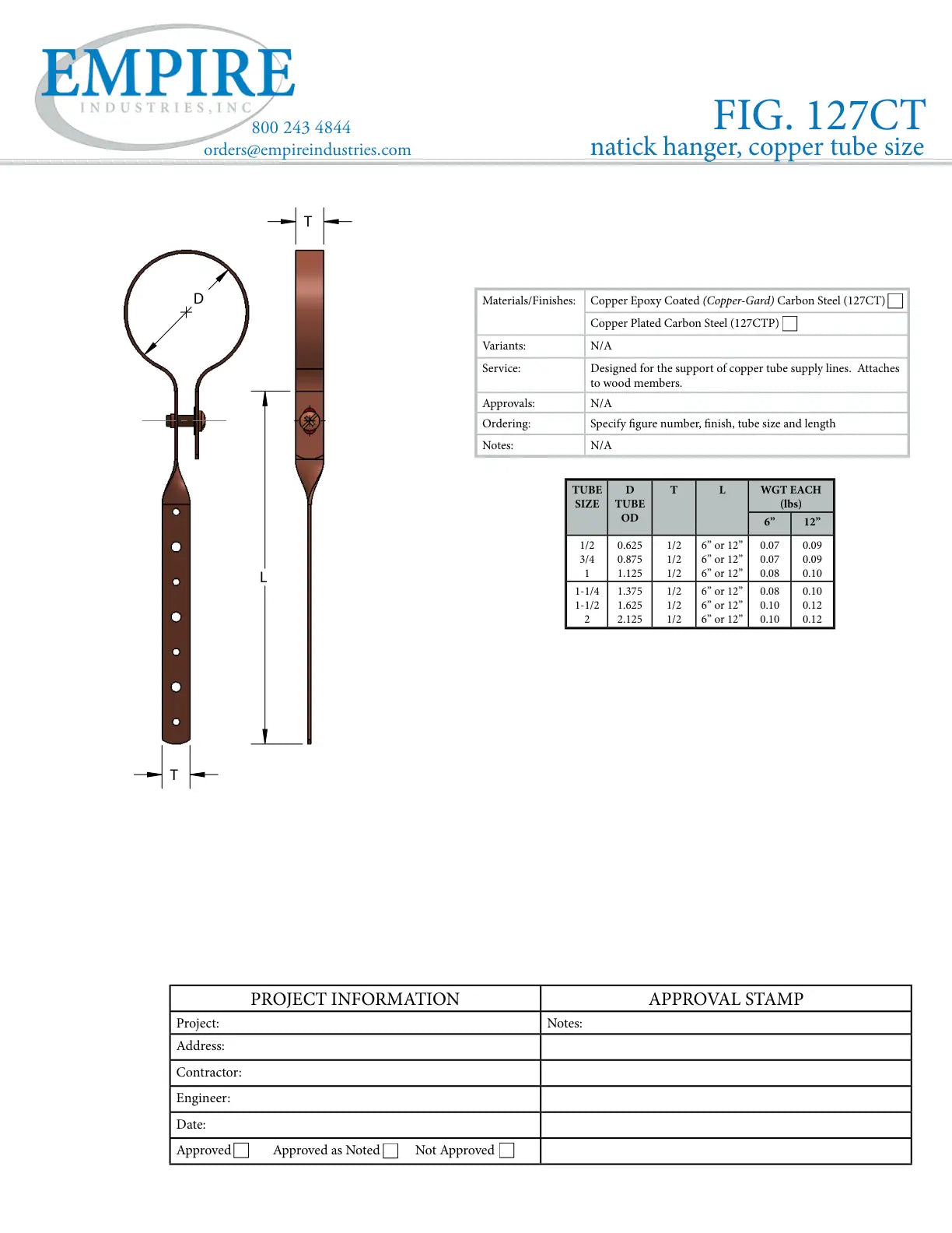 Natick Hanger, 3/4 in Pipe/Tube, Carbon Steel, Copper Plated - Specification Sheet