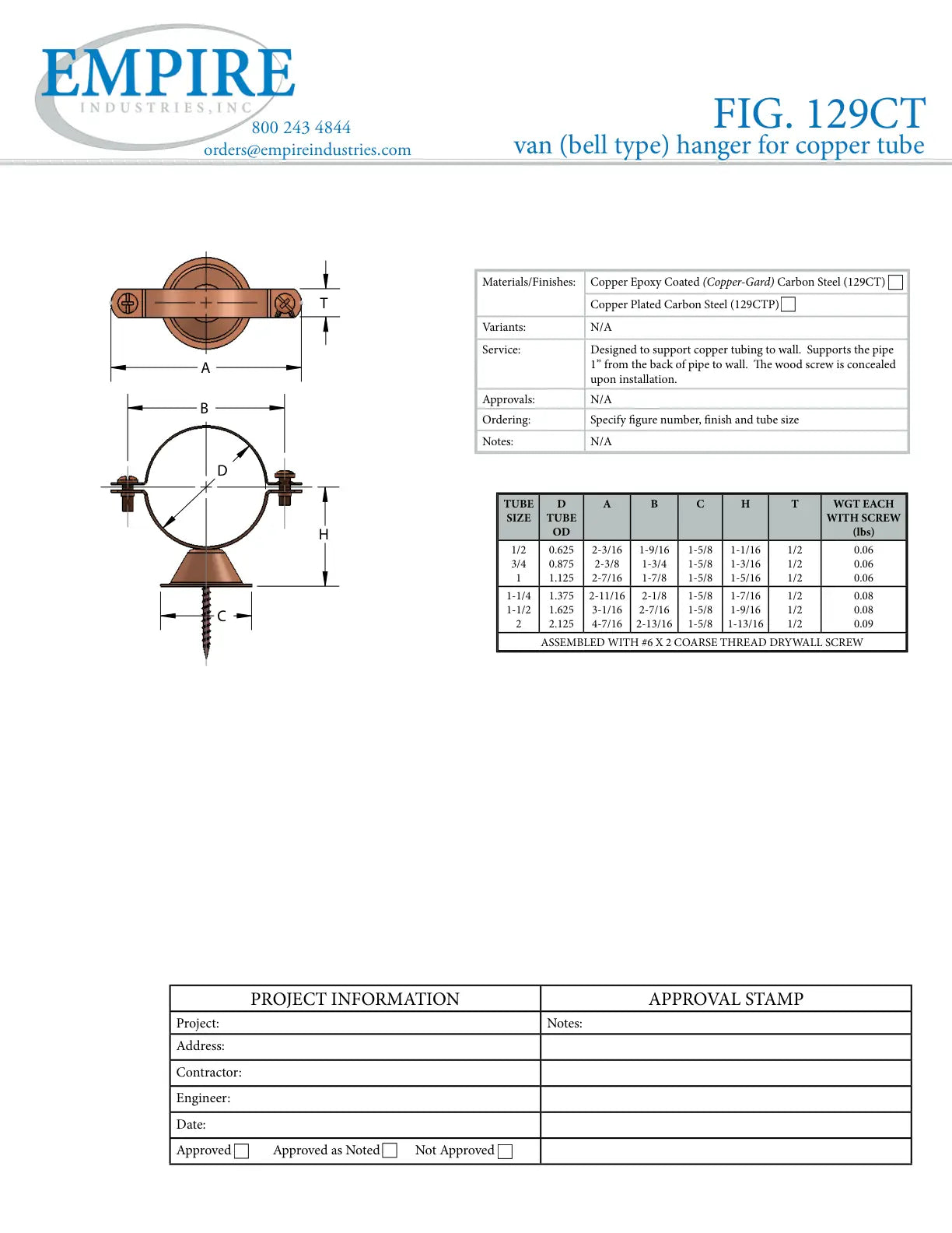 Bell Van Hanger, 1 in Pipe/Tube, Carbon Steel, Copper Plated - Specification Sheet