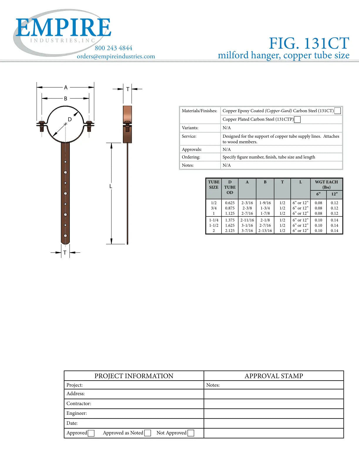 Milford Hanger, 1 in Pipe/Tube, Carbon Steel, Copper Plated - Specification Sheet