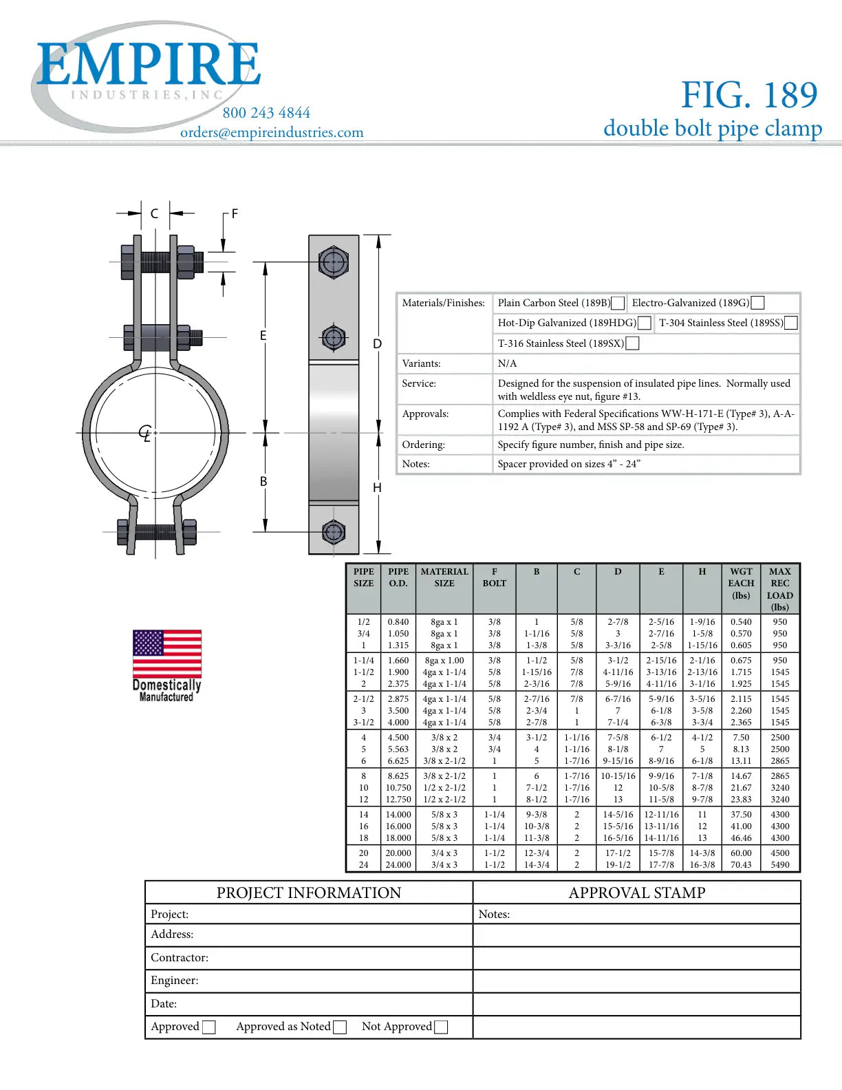 Double Bolt Pipe Clamp, 1 in Pipe/Tube, 950 lb Load, Carbon Steel, Plain, Domestic - Specification Sheet