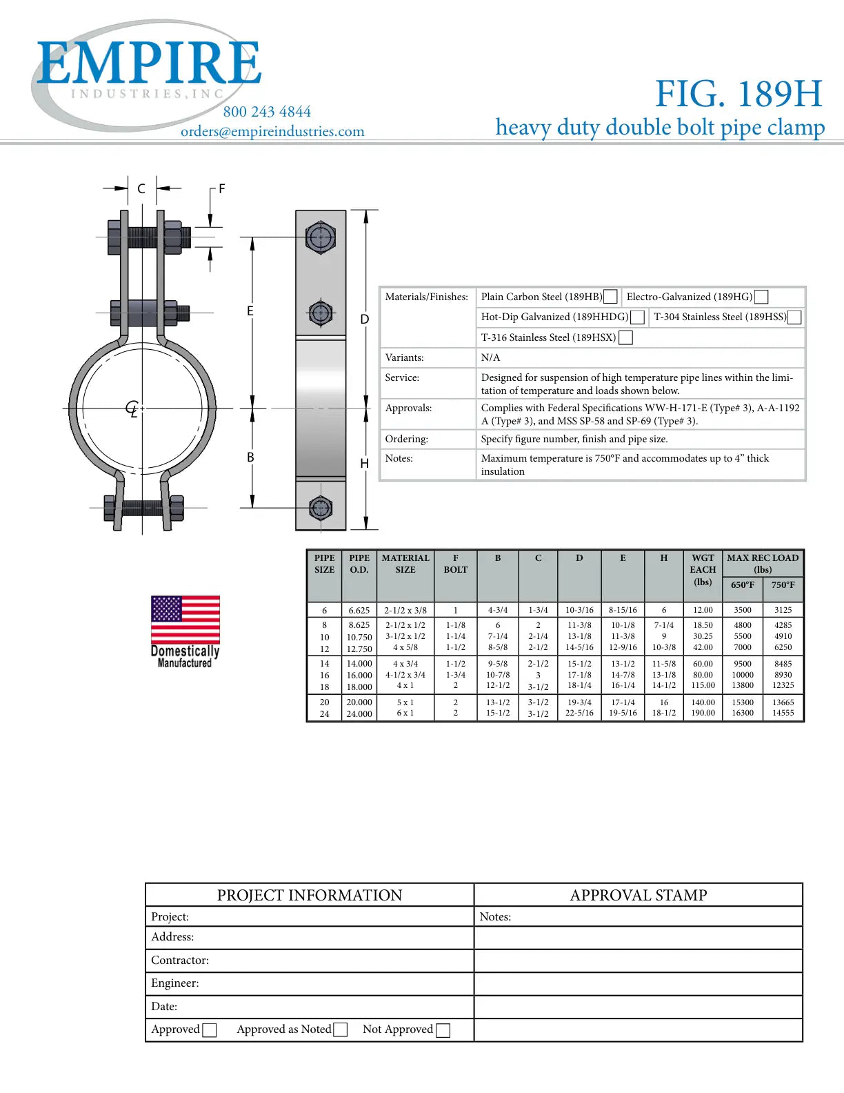 Double Bolt Heavy Duty Pipe Clamp, 8 in Pipe/Tube, 4285 lb Load, Carbon Steel, Plain, Domestic - Specification Sheet