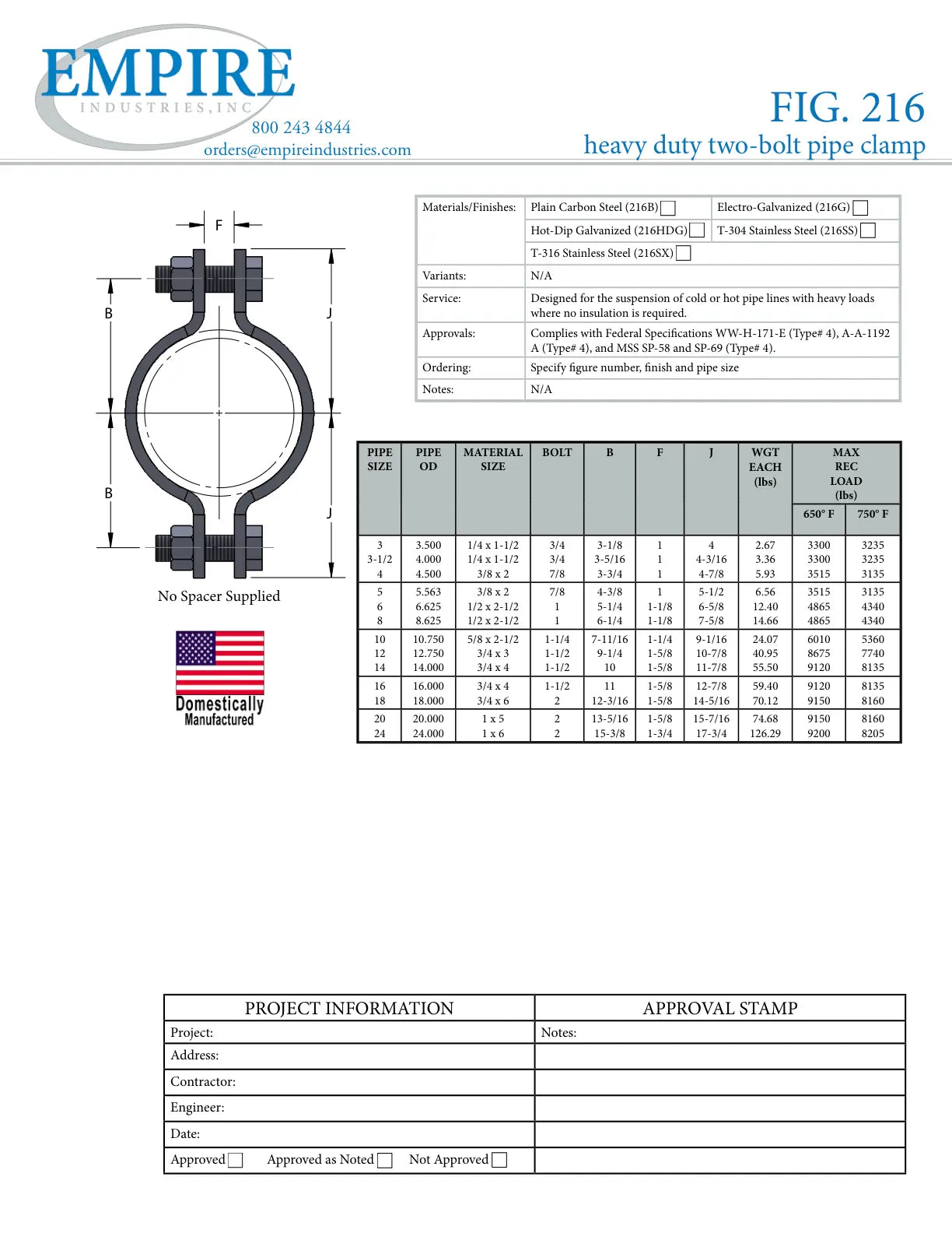 Double Bolt Heavy Duty Pipe Clamp, 12 in Pipe/Tube, 5360 lb Load, Carbon Steel, Electro-Galvanized, Domestic - Specification Sheet