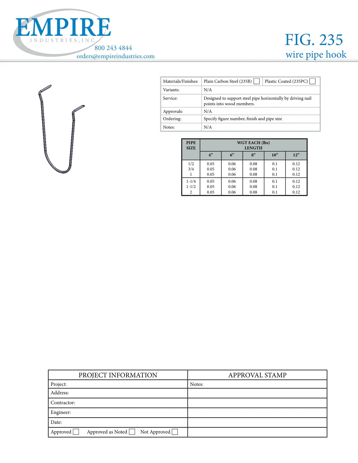 Wire Pipe Hook, 2 in Pipe, Carbon Steel, Plain, Domestic - Specification Sheet