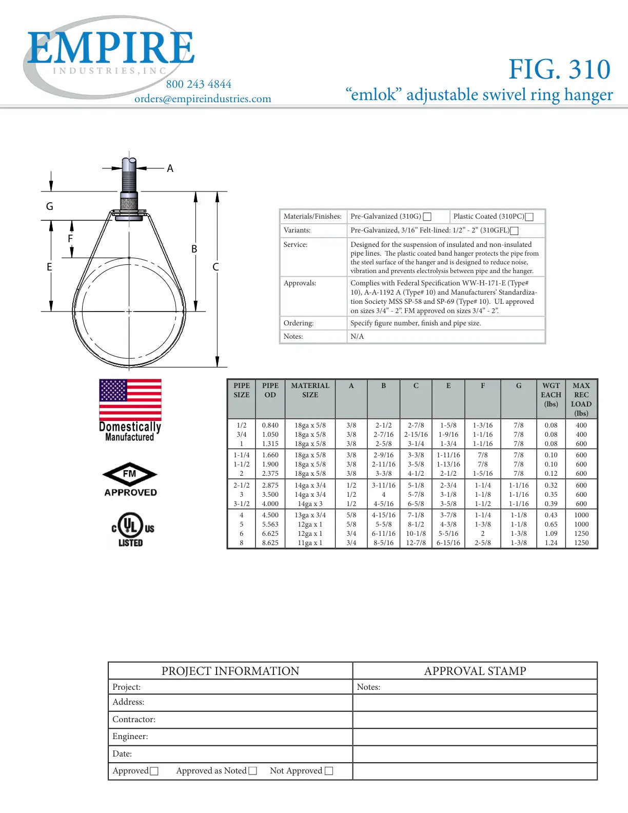 Adjustable Swivel Ring Hanger, 8 in Pipe, 1250 lb, 1/2 in Rod, Carbon Steel, Pre-Galvanized, Domestic - Specification Sheet
