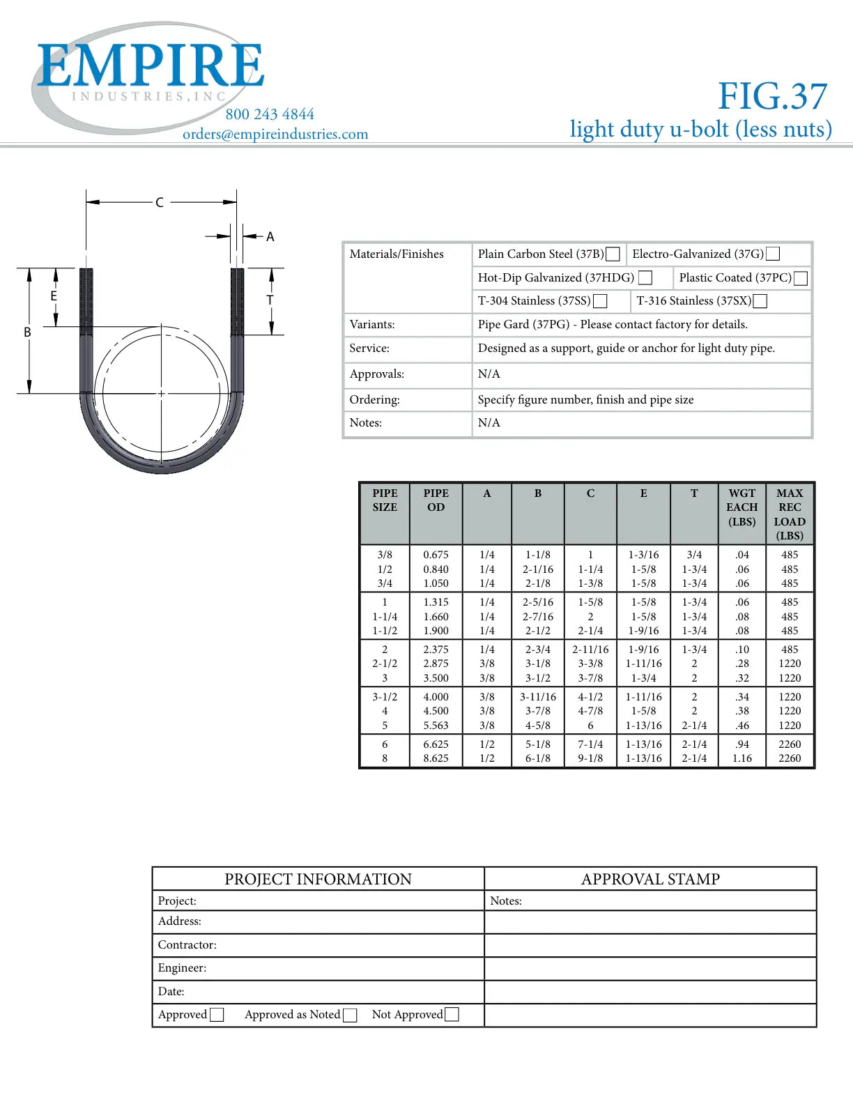 Light Duty U-Bolt, 1-1/4 in Pipe, 1/4 in Dia - Thread, Electro Galvanized, Carbon Steel - Specification Sheet