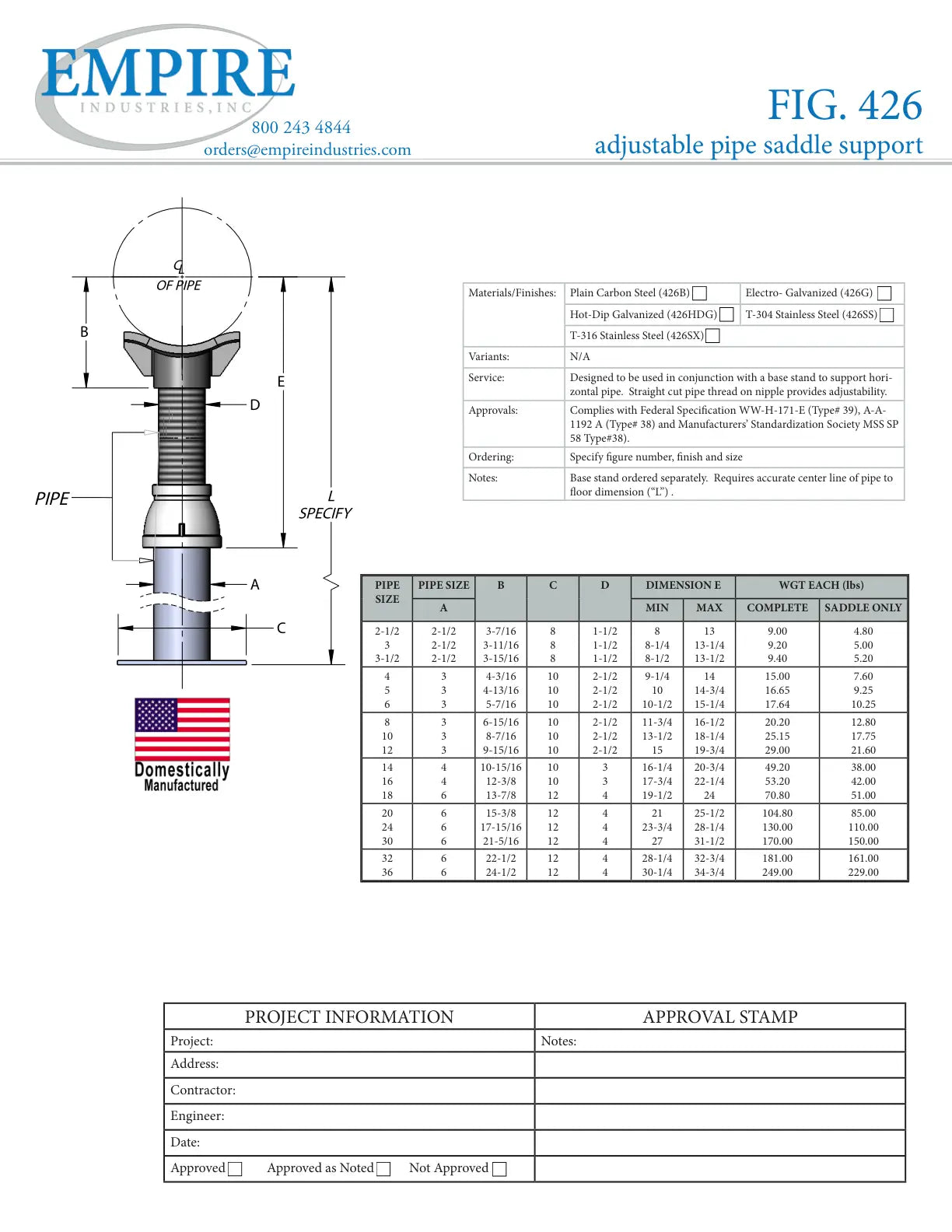 Adjustable Pipe Saddle Support, 6 in Pipe, 2-1/2 in Dia Rod, Carbon Steel, Plain, Domestic - Specification Sheet
