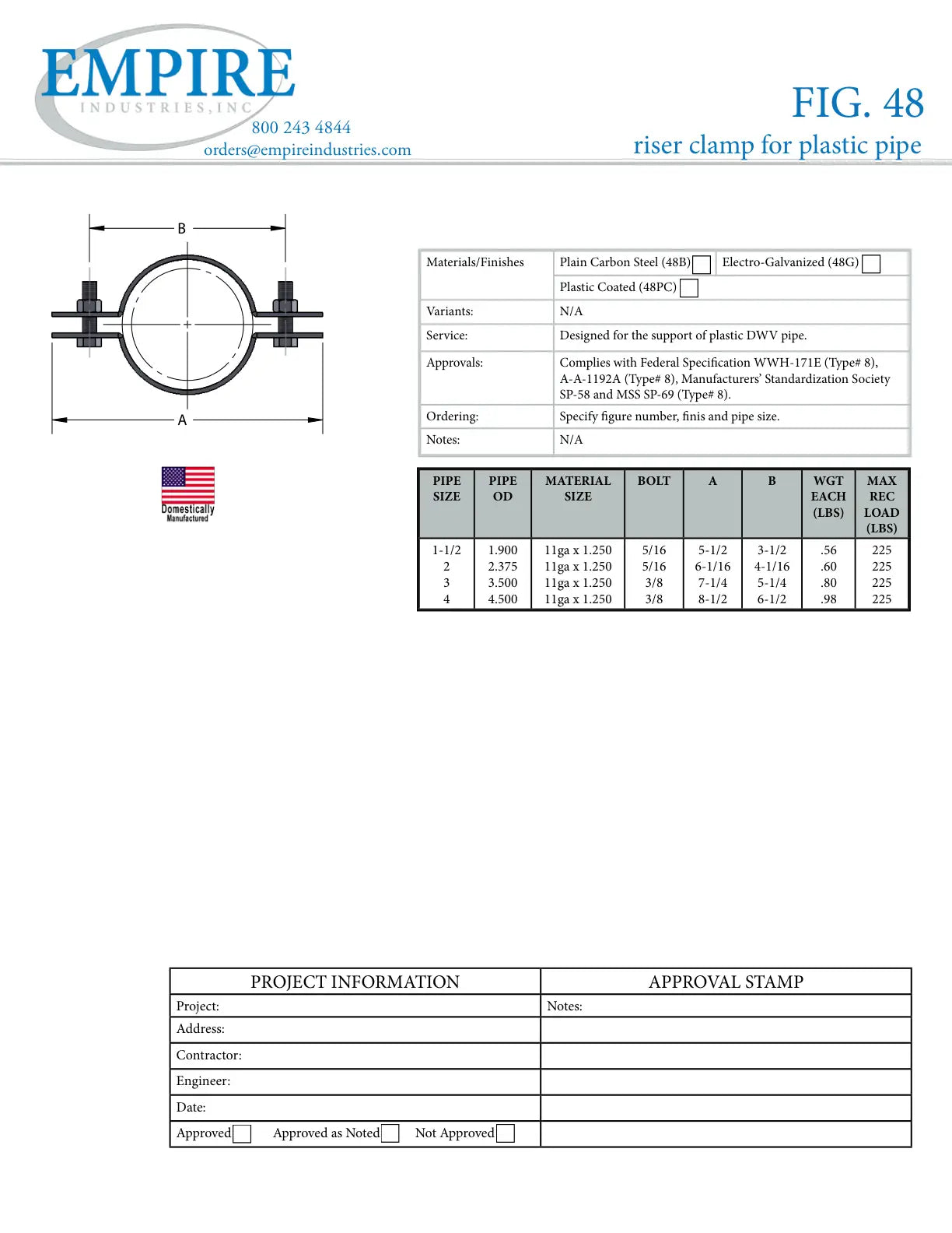 Riser Clamp, 3 in Pipe, 3/8 in Bolt, Carbon Steel, Electro-Galvanized - Specification Sheet