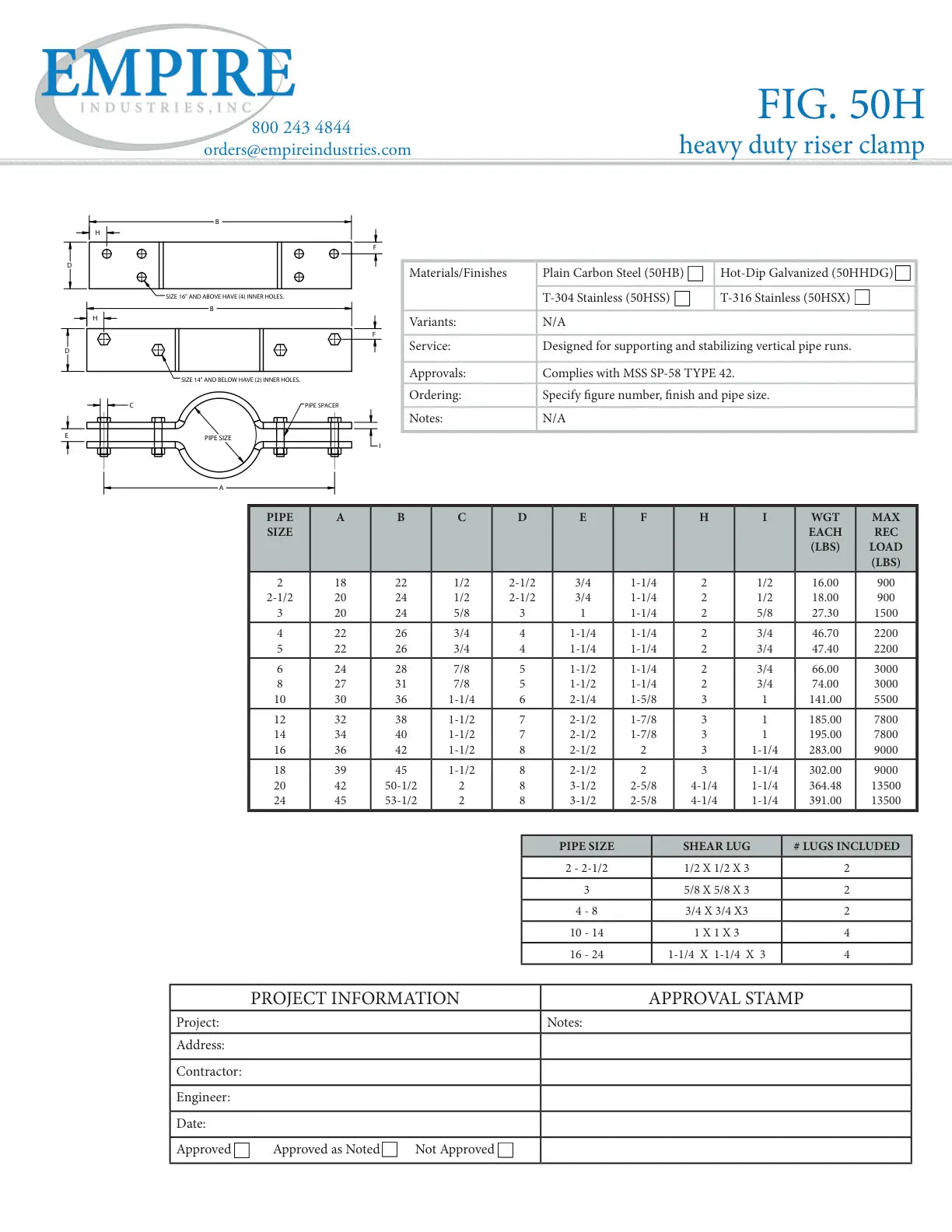 4-Bolt Heavy Duty Riser Clamp, 2 in Pipe, 1/2 in Bolt, 900 lb, Carbon Steel, Plain - Specification Sheet