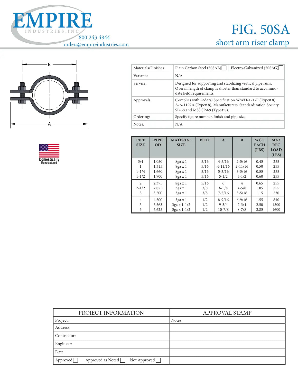 Short Arm Riser Clamp, 3-1/2 in Pipe, Carbon Steel, Plain - Specification Sheet