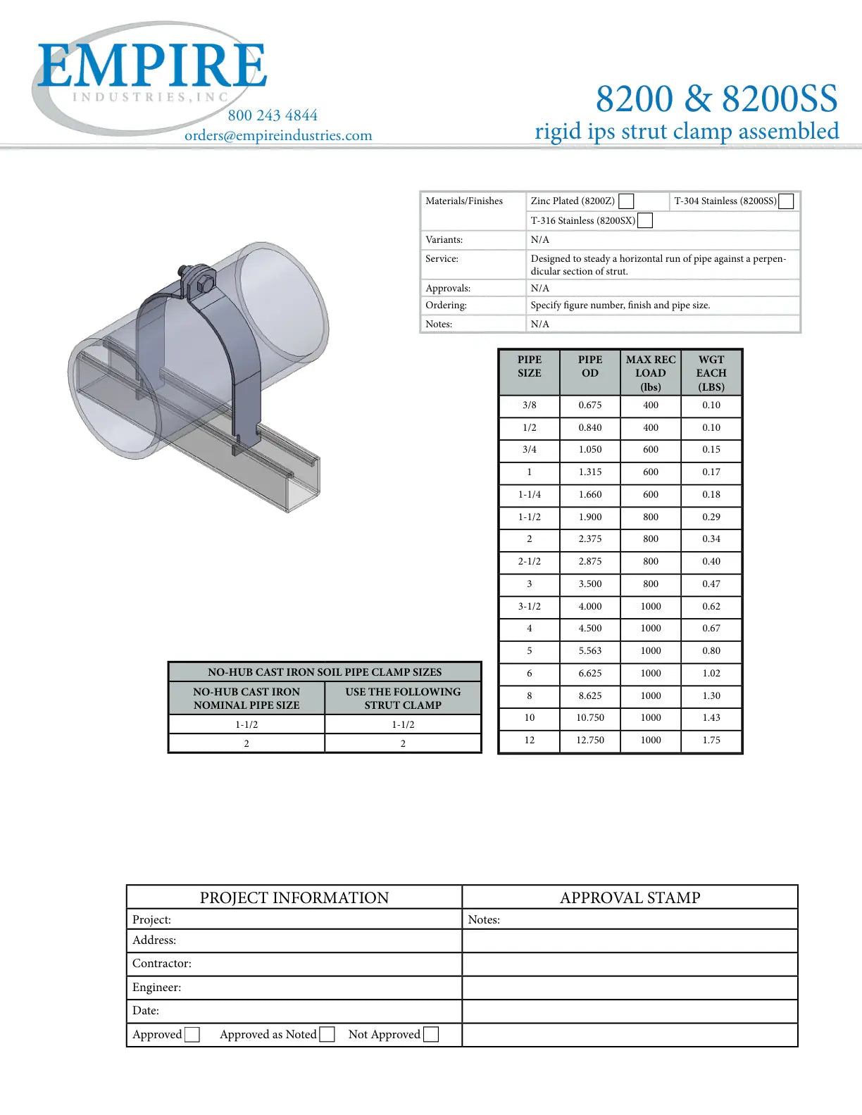Rigid IPS Assembled Strut Clamp, 10 in, 1000 lb Load, Carbon Steel - Specification Sheet