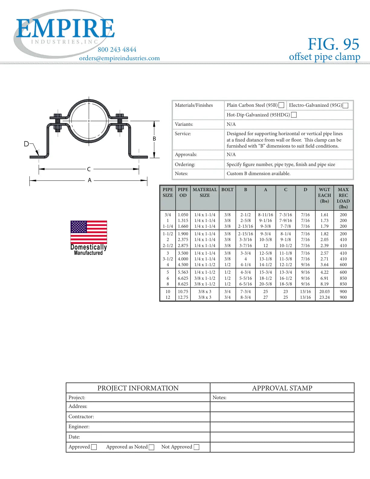 Offset Pipe Clamp, 6 in, 9/16 in Hole, 850 lb Load, Carbon Steel, Plain, Domestic - Specification Sheet