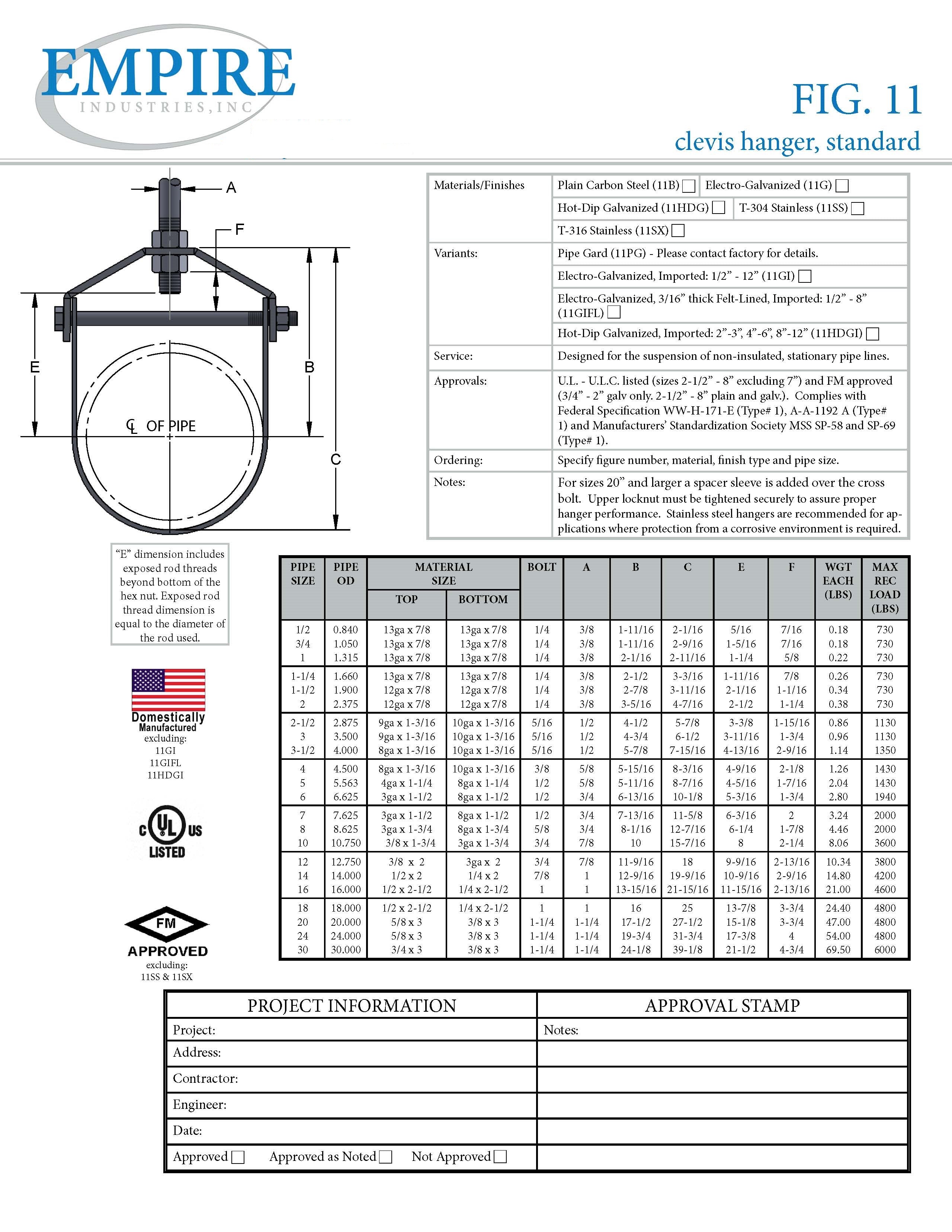 16" AIS-Compliant Clevis Hanger Standard 316 Stainless Steel #AIS11SX1600