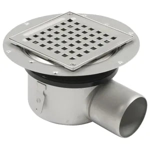 6"(140) x6"(140)  Adj. SS Drain - Square Top Lavatory/Shower Drain with Vienna Grating - Side Outlet - 2"(50) Pipe - BSS-102