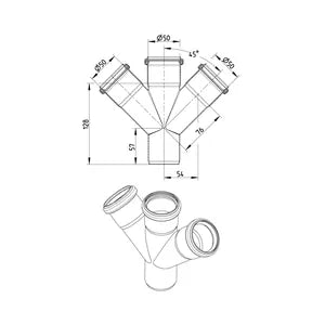 Blucher® DW2x2-45-316 Double Pipe Branch, Fitting/Connector: Wye, 50 mm Outlet Nominal, Stainless Steel