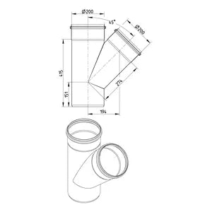 Blucher® W8x8-45-316 Pipe Oblique Branch, Fitting/Connector: Wye, 200 mm Nominal, Stainless Steel