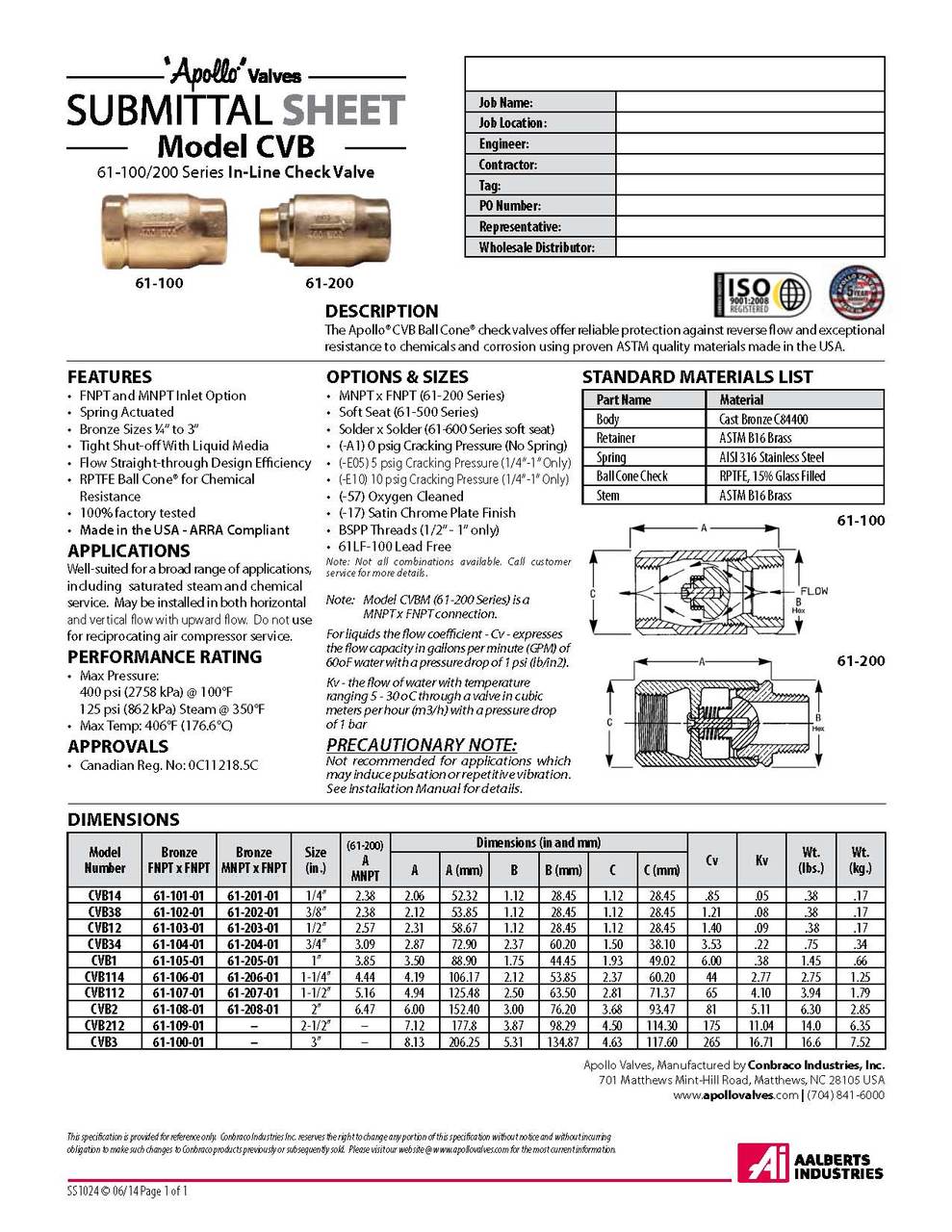 Materials and Dimensions for Apollo 61-100 Series CVB Ball Cone Check Valve Bronze
