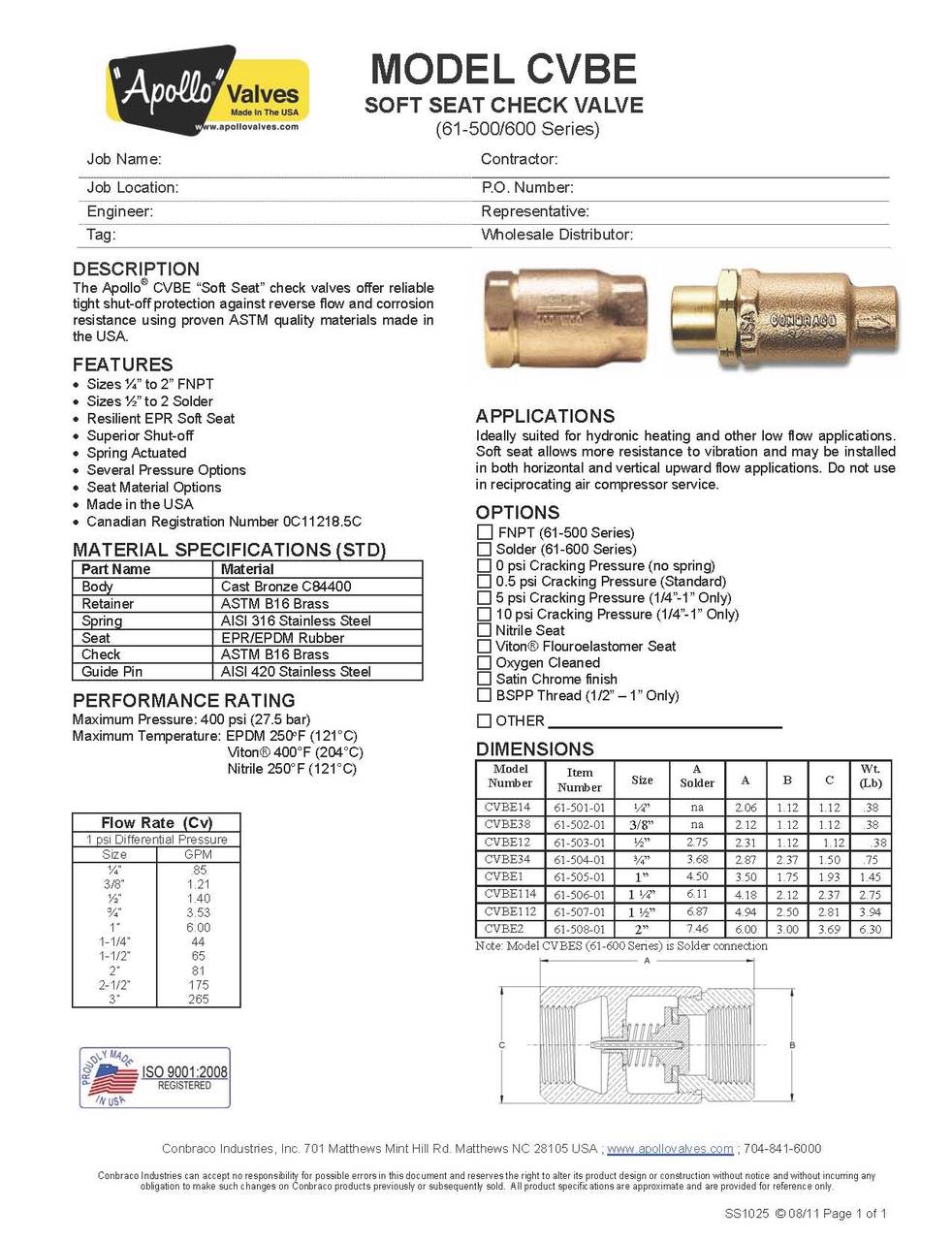Materials and Dimensions for Apollo 61-600 Series Ball Cone Check Valve