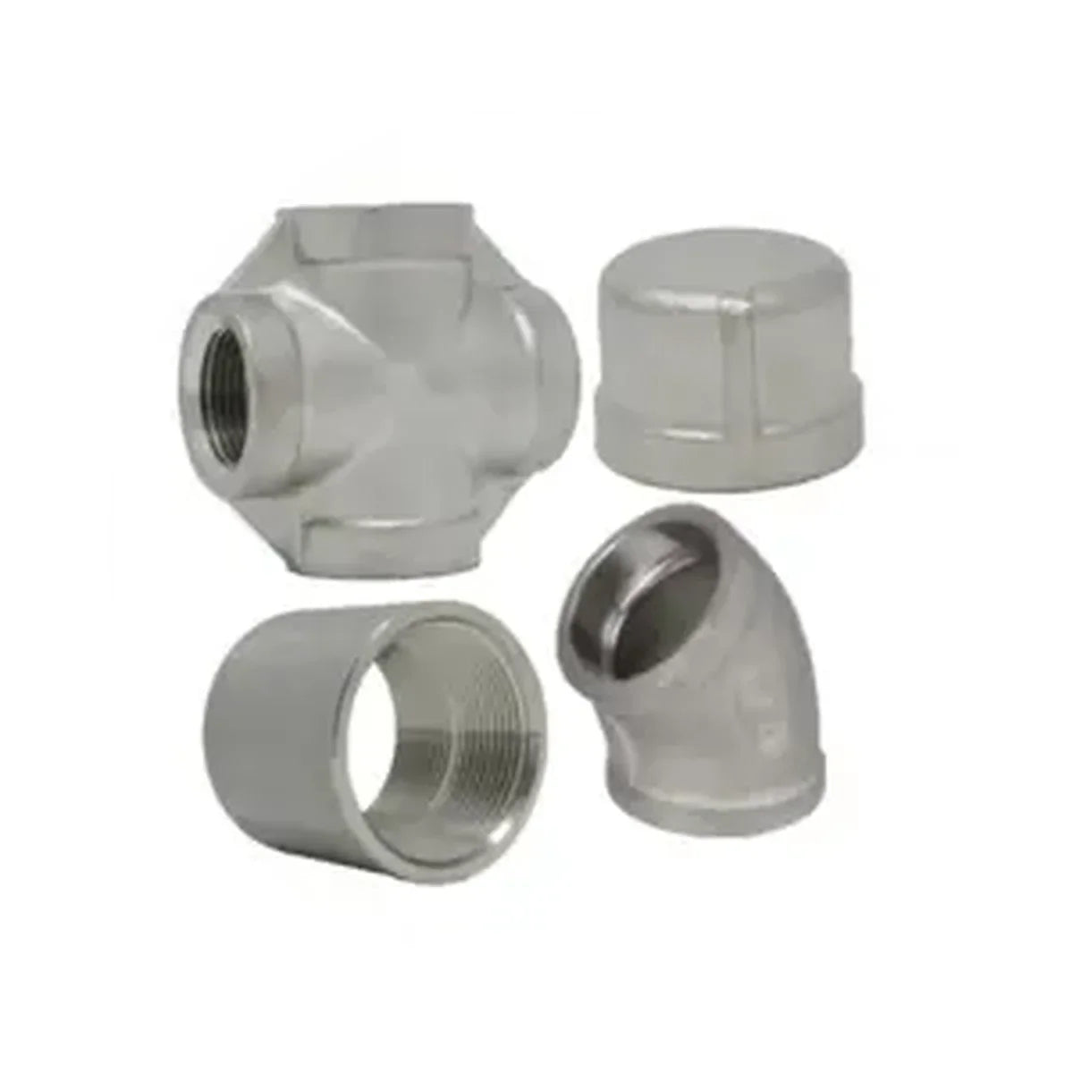 150 pound stainless steel threaded fittings including cap, coupling, elbow, and tee