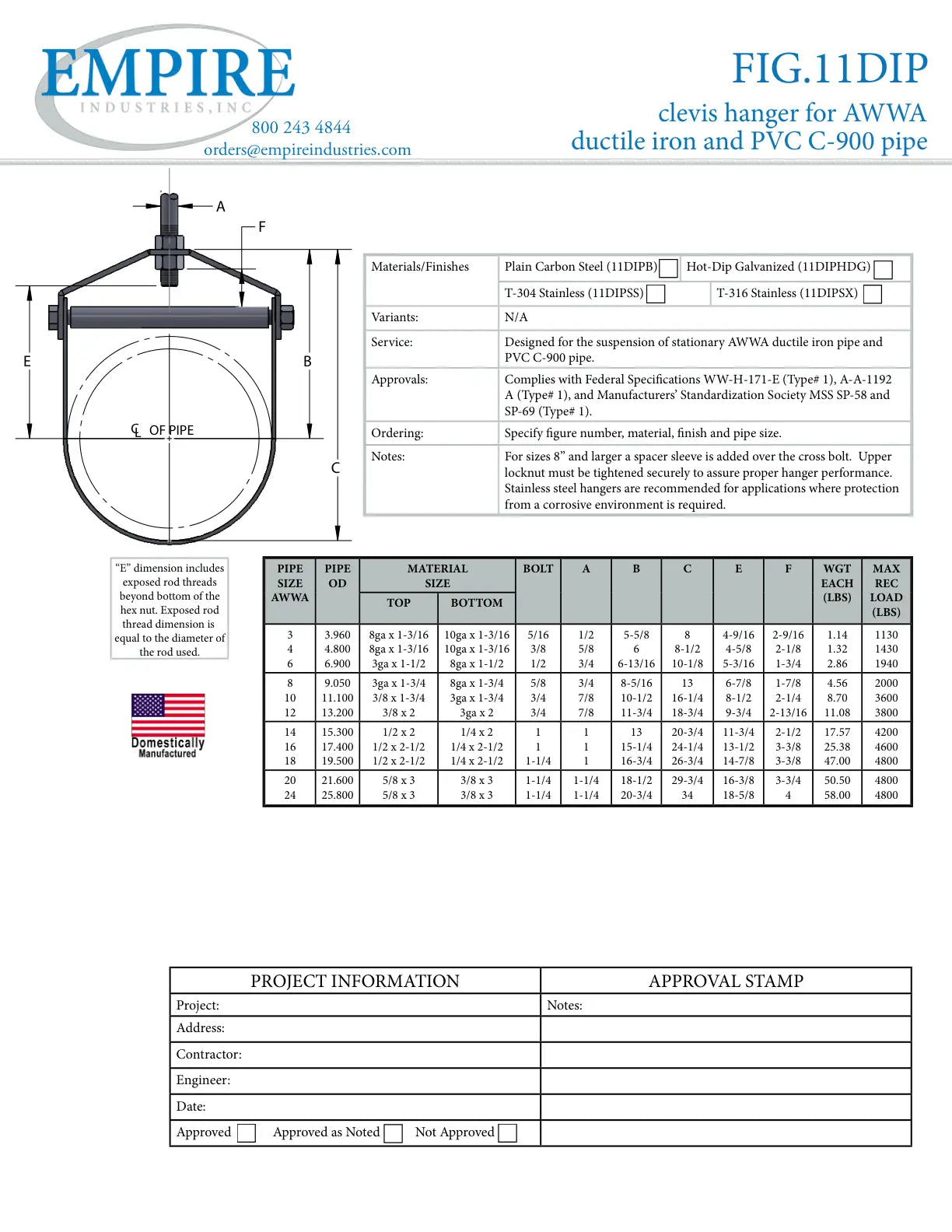 Adjustable Clevis Hanger, 14 in Pipe, 1 in Rod, 4200 lb Load, Carbon Steel, Hot Dipped Galvanized - Specification Sheet