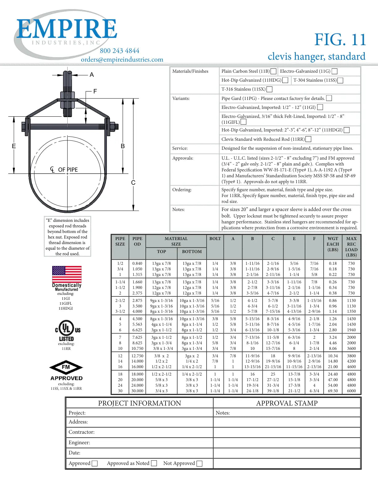 Adjustable Standard Clevis Hanger, 3 in Pipe, 1/2 in Rod, 1130 lb Load, Carbon Steel, Plain - Specification Sheet