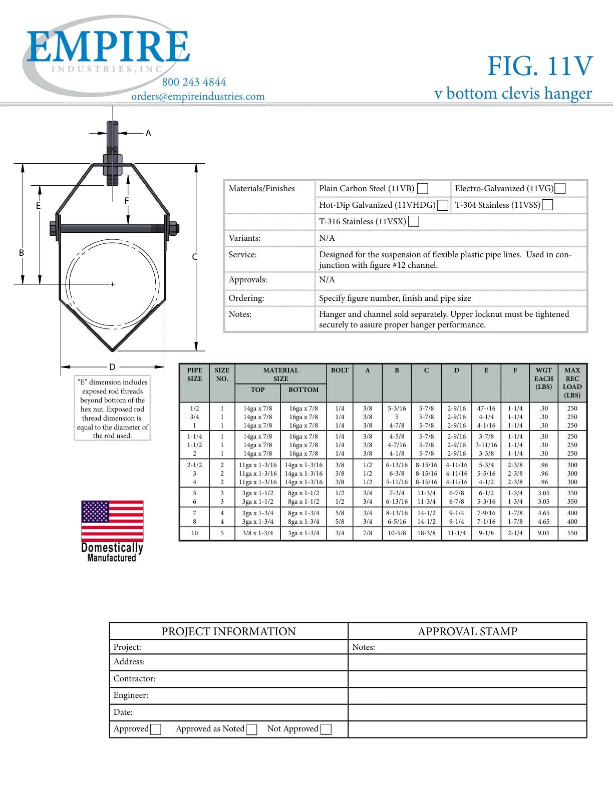 V-Bottom Clevis Hanger, 2-1/2 to 4 in Pipe, 1/2 in Rod, 300 lb Load, Carbon Steel, Plain - Specification Sheet