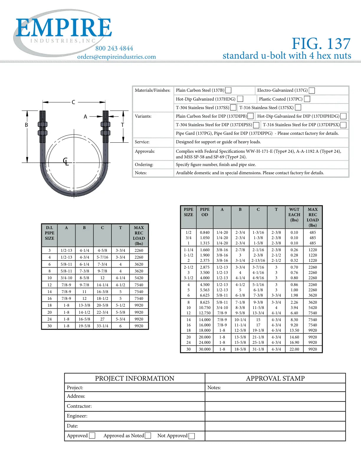 Standard U-Bolt, 22 in Pipe, Hot Dipped Galvanized, Carbon Steel - Specification Sheet