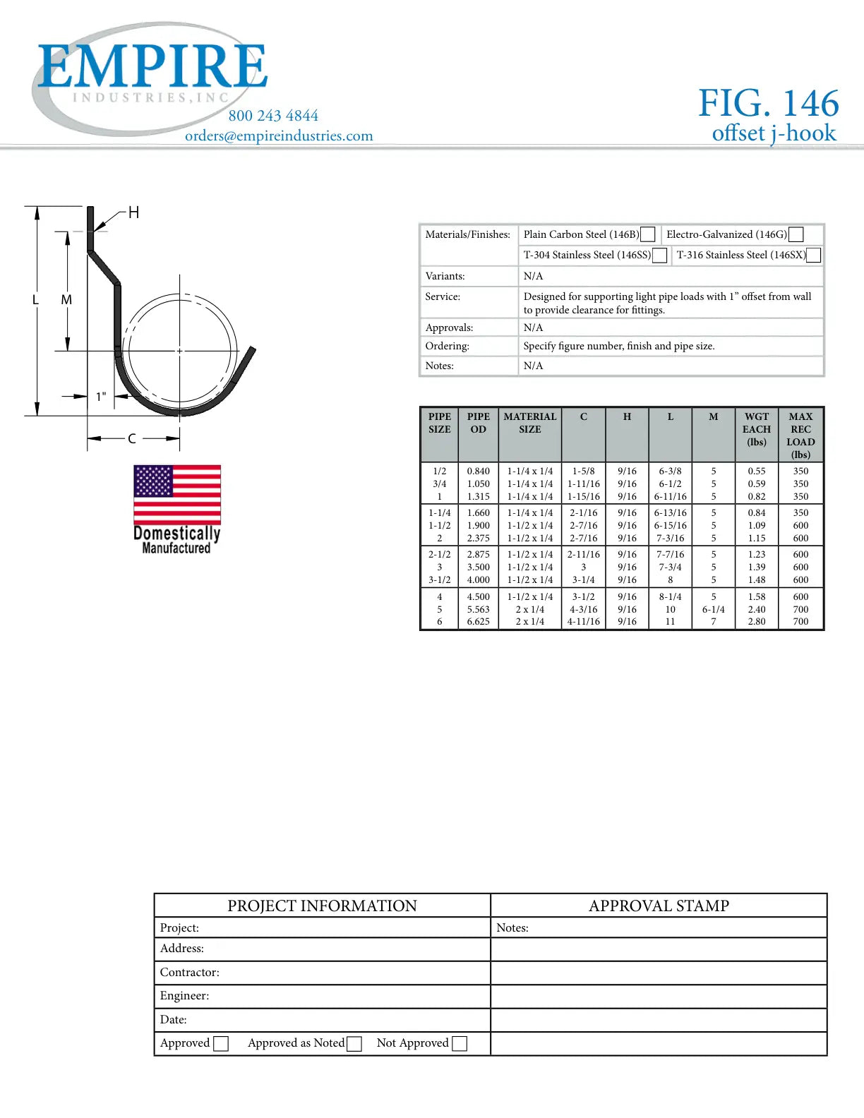 Offset J-Hook, 1-1/4 in Pipe, 350 lb Load, Carbon Steel, Plain - Specification Sheet