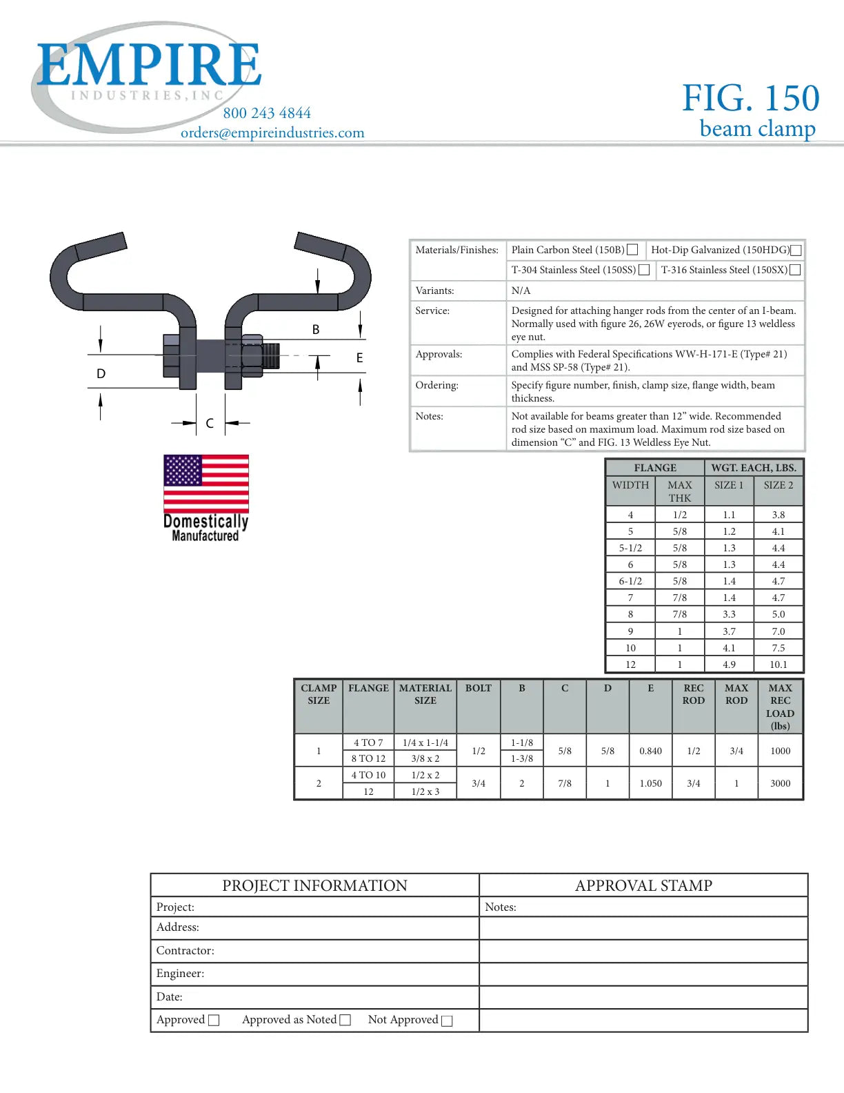Beam Clamp, 1 in Rod, 1/2 in THK, 3000 lb Load, Carbon Steel, Plain - Specification Sheet