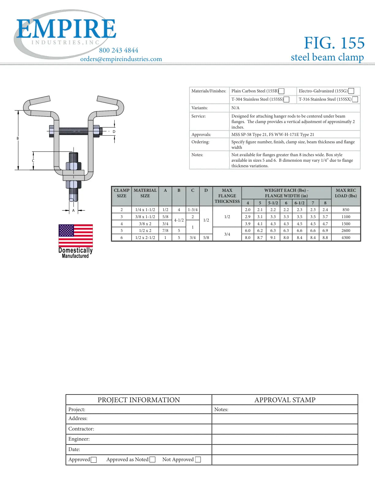 Beam Clamp, 3/4 in Rod, 1/2 in THK, 1500 lb Load, Carbon Steel, Electro-Galvanized - Specification Sheet