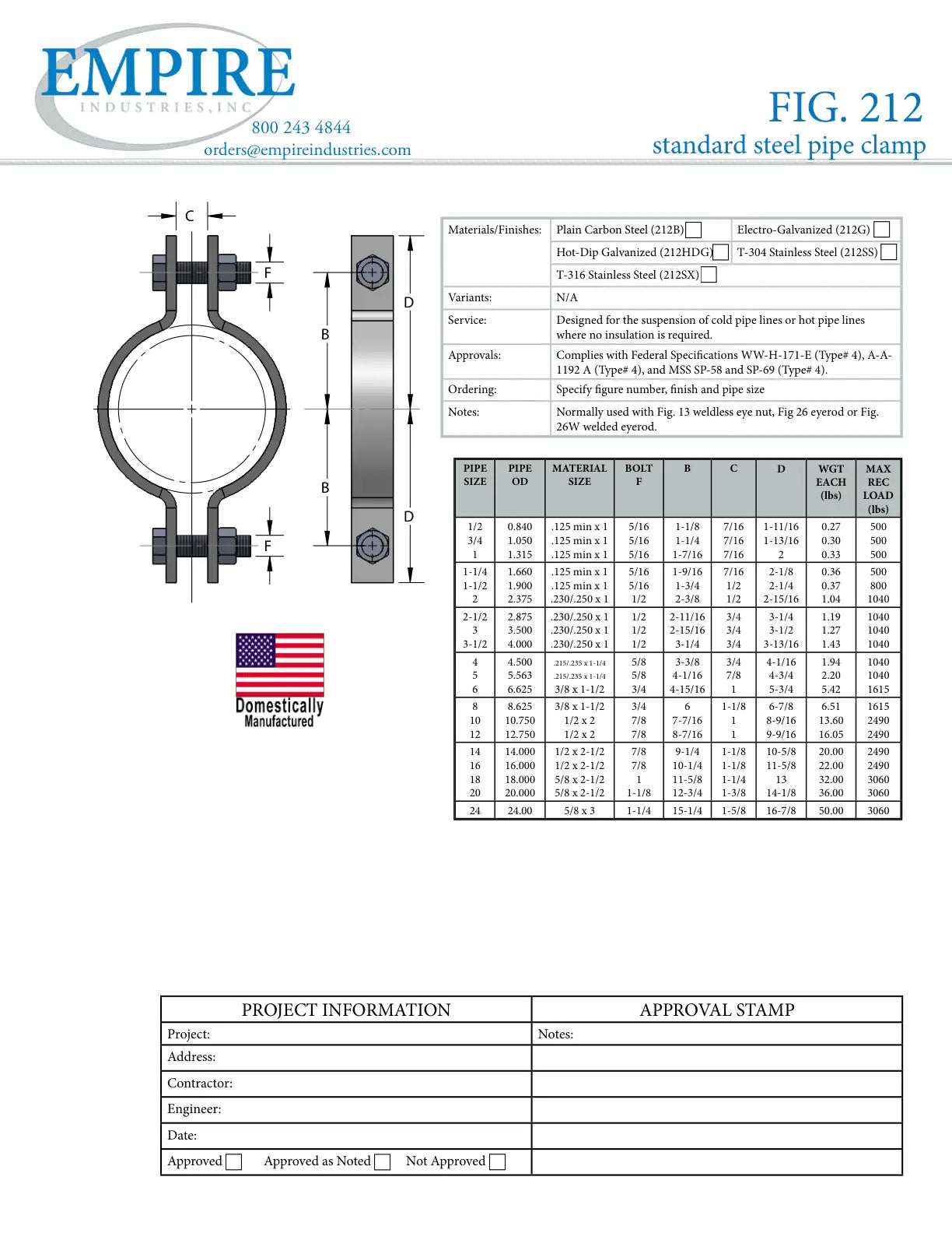 Standard Pipe Clamp, 3 in Pipe/Tube, 3-1/2 in Rod, 1040 lb Load, Carbon Steel, Plain, Domestic - Specification Sheet
