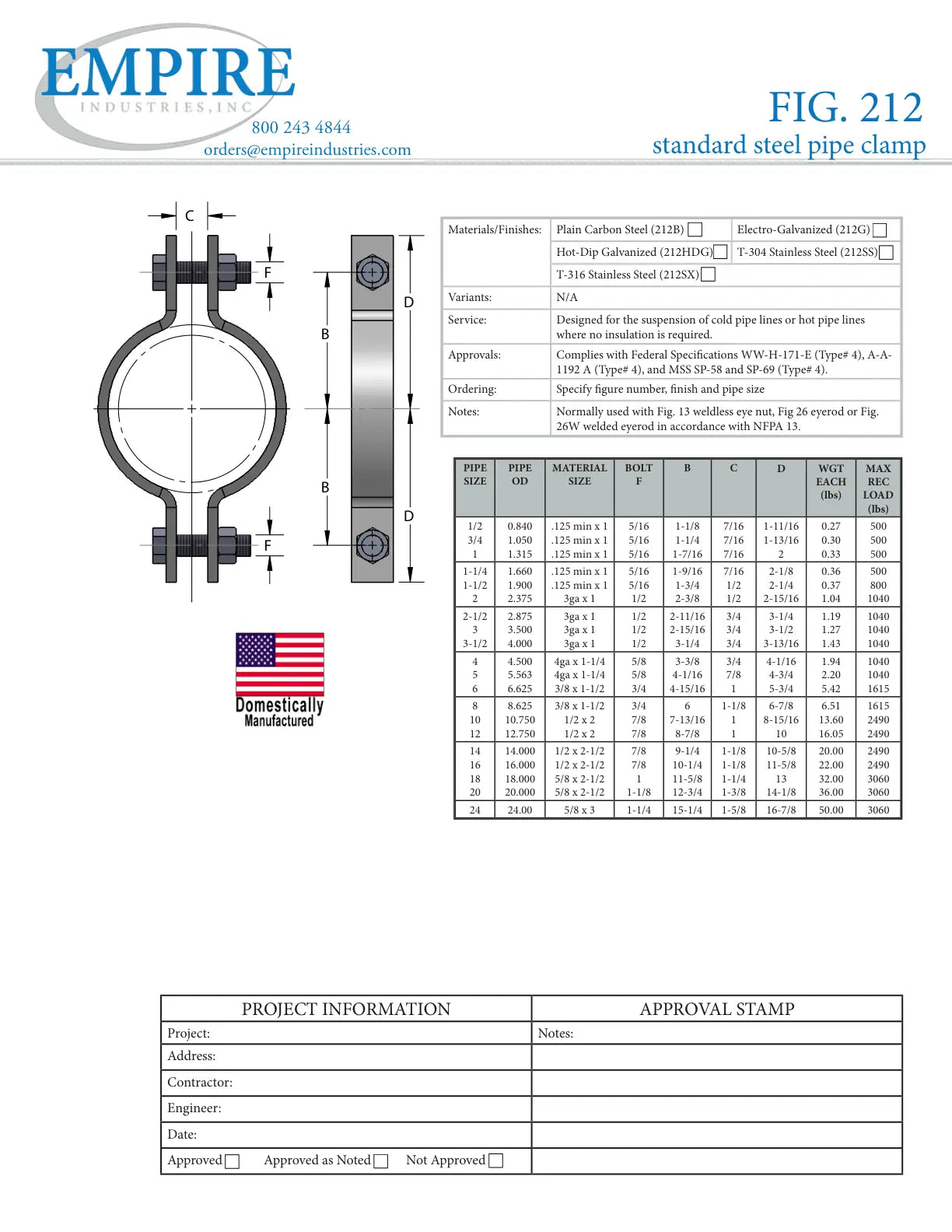 Standard Pipe Clamp, 24 in Pipe/Tube, 1-5/8 in Rod, 3060 lb Load, Carbon Steel, Plain, Domestic - Specification Sheet