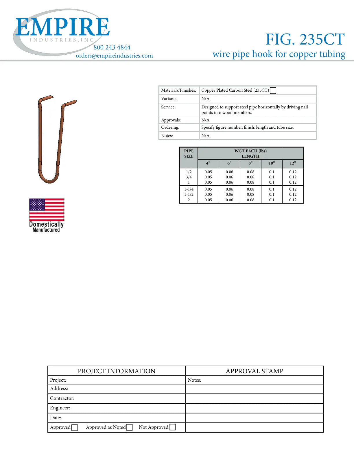 Wire Pipe Hook, 1 in Pipe, Carbon Steel, Copper Plated, Domestic - Specification Sheet