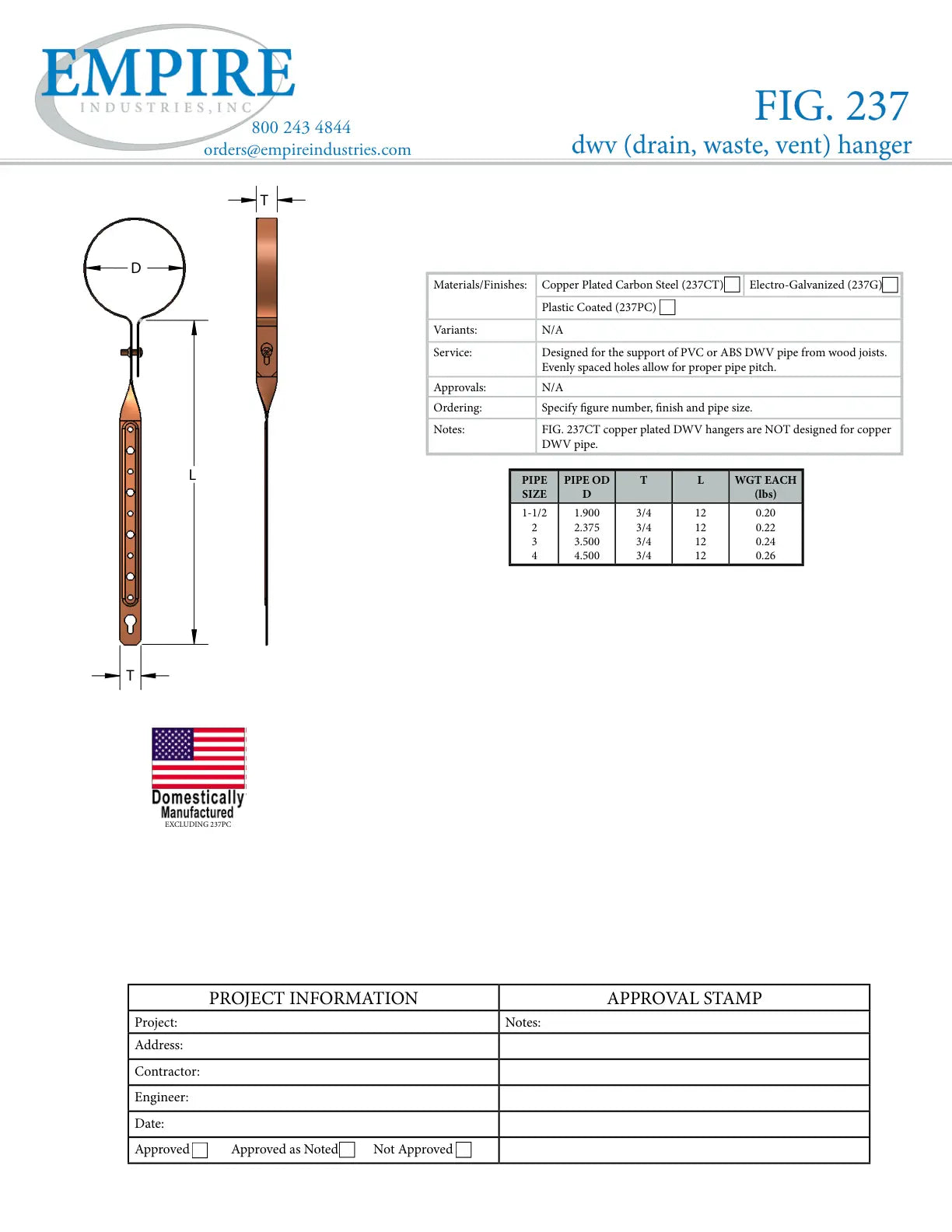 DWV Hanger, 4 in Pipe/Tube, Carbon Steel, Electro-Galvanized, Domestic - Specification Sheet