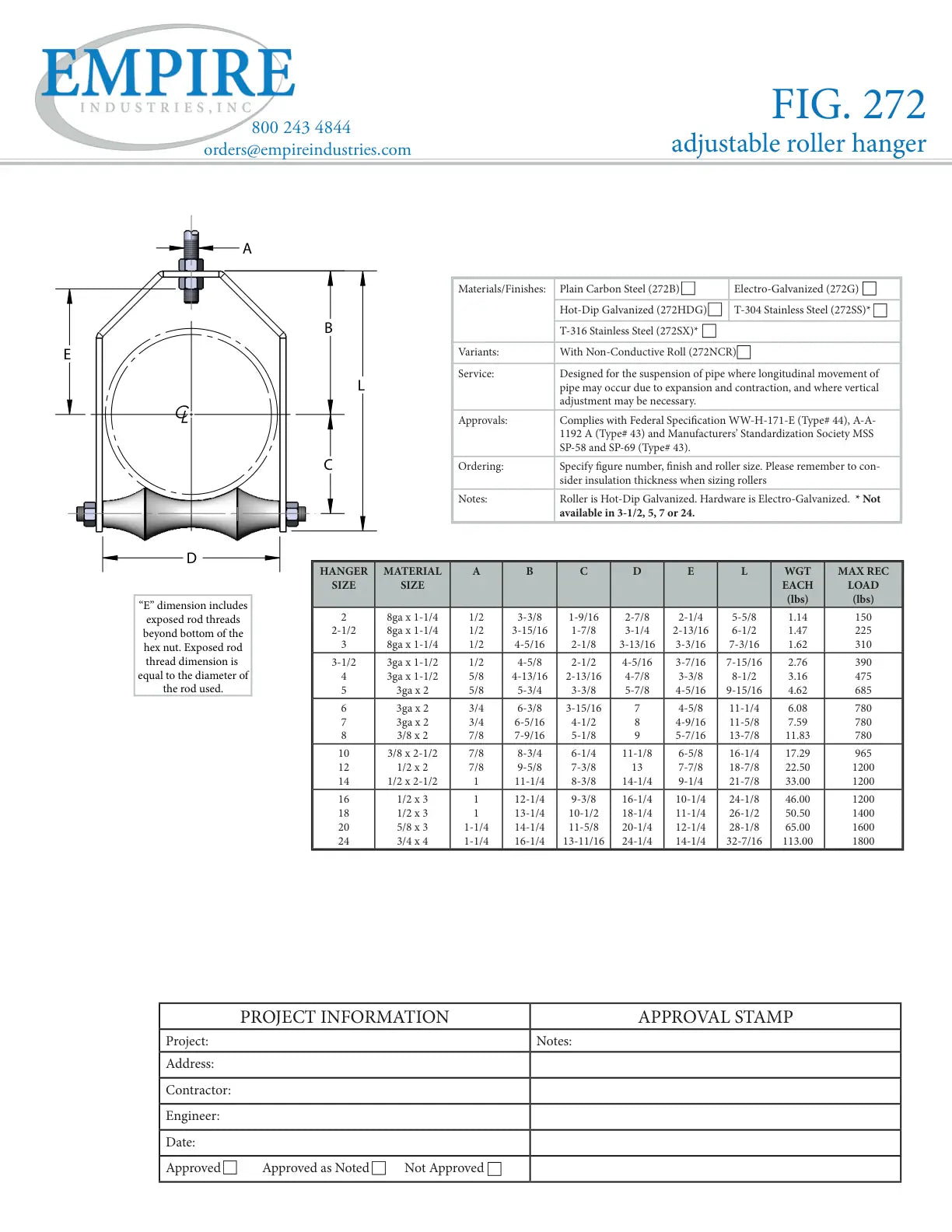 Adjustable Clevis Roller Hanger, 2-1/2 in Pipe, 225 lb, Carbon Steel, Electro-Galvanized - Specification Sheet