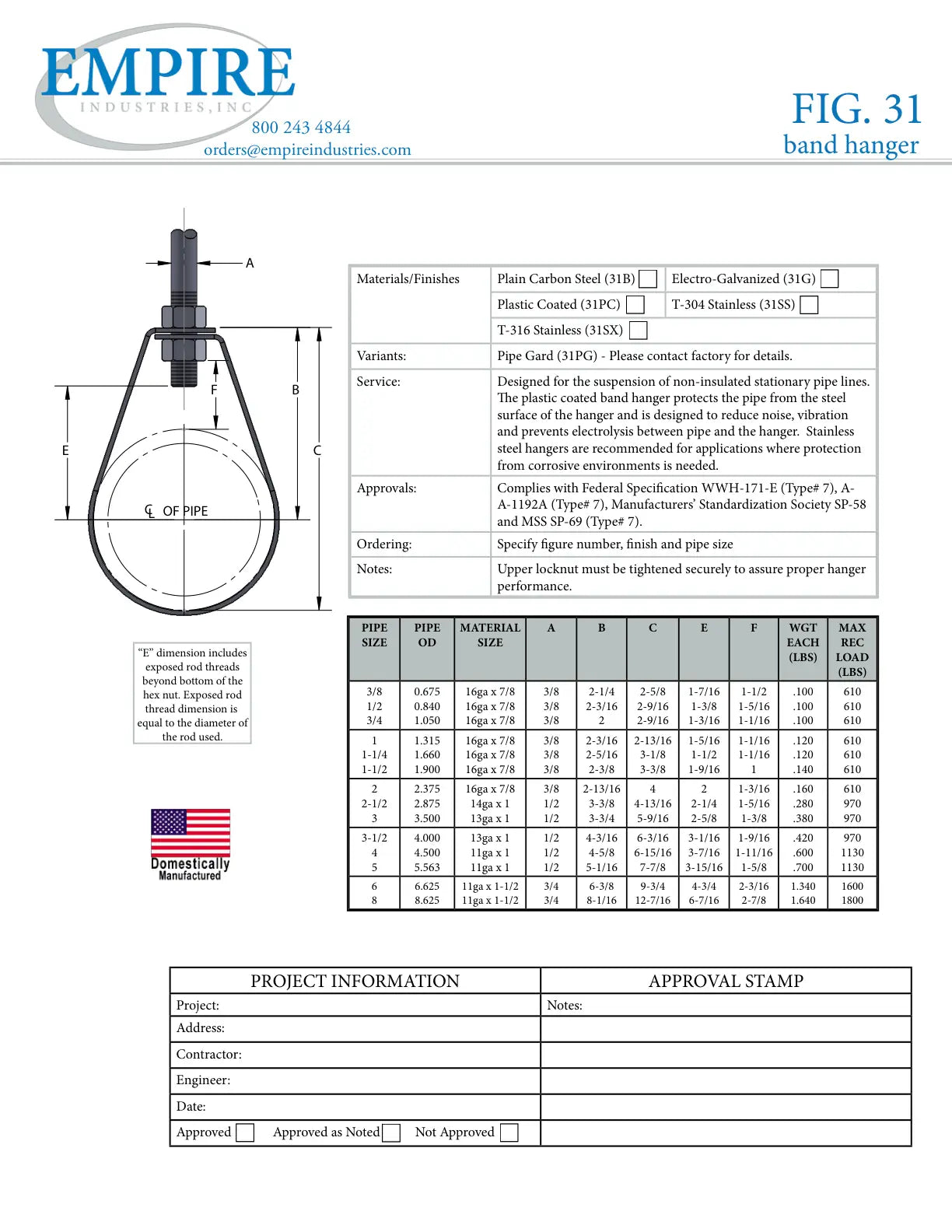 Adjustable Band Hanger, 1-1/4 in Pipe, 610 lb, 3/8 in Rod, Carbon Steel, Electro-Galvanized, Domestic - Specification Sheet