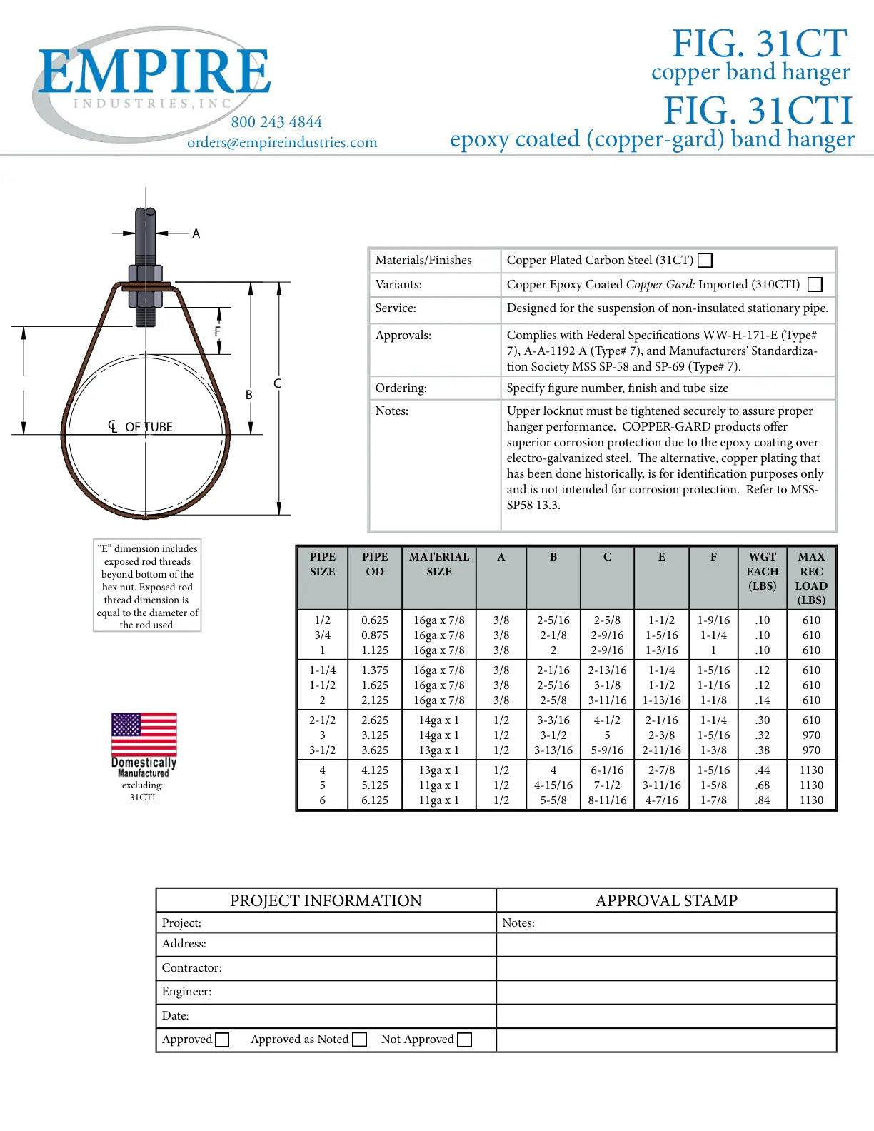 Adjustable Band Hanger Without Hardware, 1 in Pipe, 610 lb, 3/8 in Rod, Carbon Steel, Copper Epoxy Coated (Copper-Gard), Import - Specification Sheet