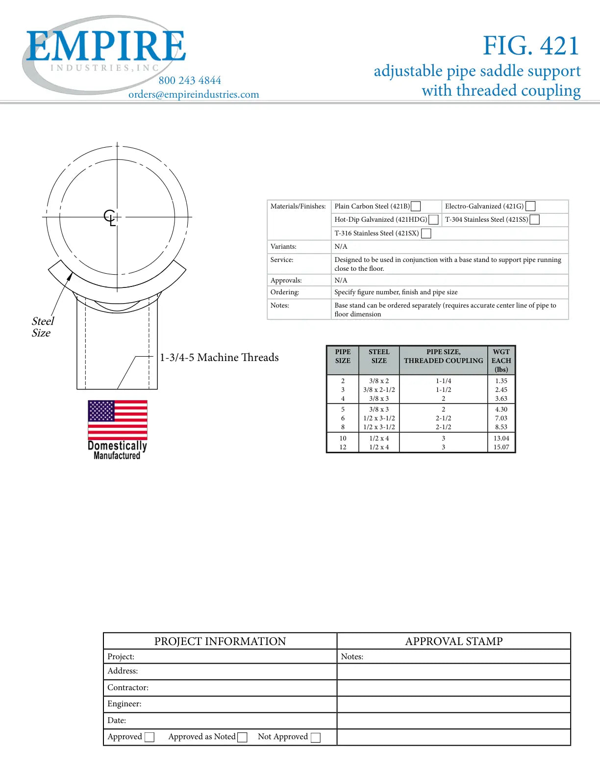 Adjustable Pipe Saddle Support With Threaded Coupling, 8 in Pipe, Carbon Steel, Plain, Domestic - Specification Sheet