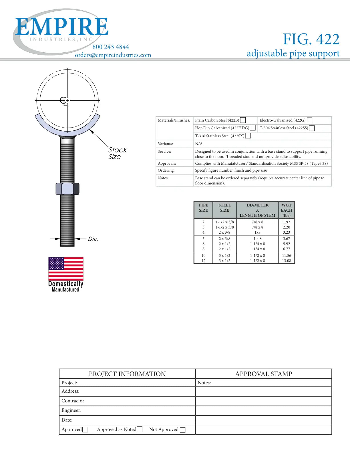 Adjustable Pipe Support, 3 in Pipe, 7/8 in Dia Rod, Carbon Steel, Plain, Domestic - Specification Sheet