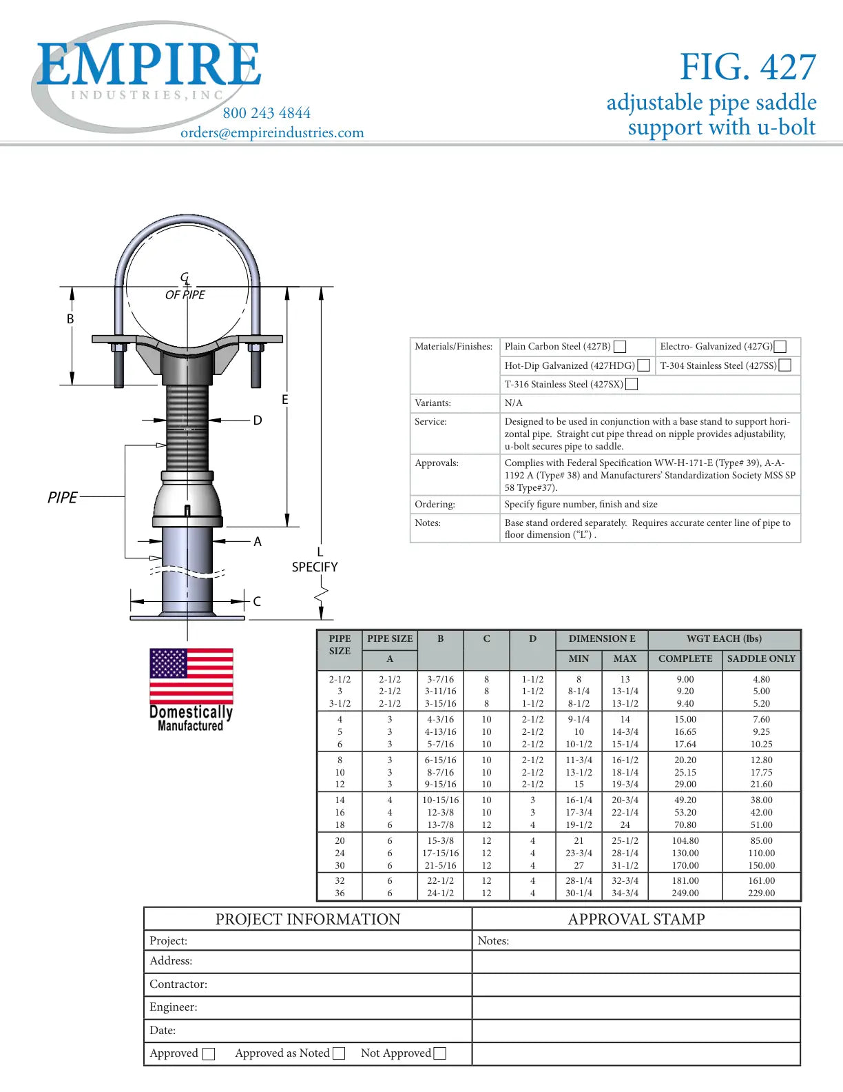 Adjustable Pipe Saddle Support, 14 in Pipe, 3 in Dia Rod, Carbon Steel, Plain, Domestic - Specification Sheet