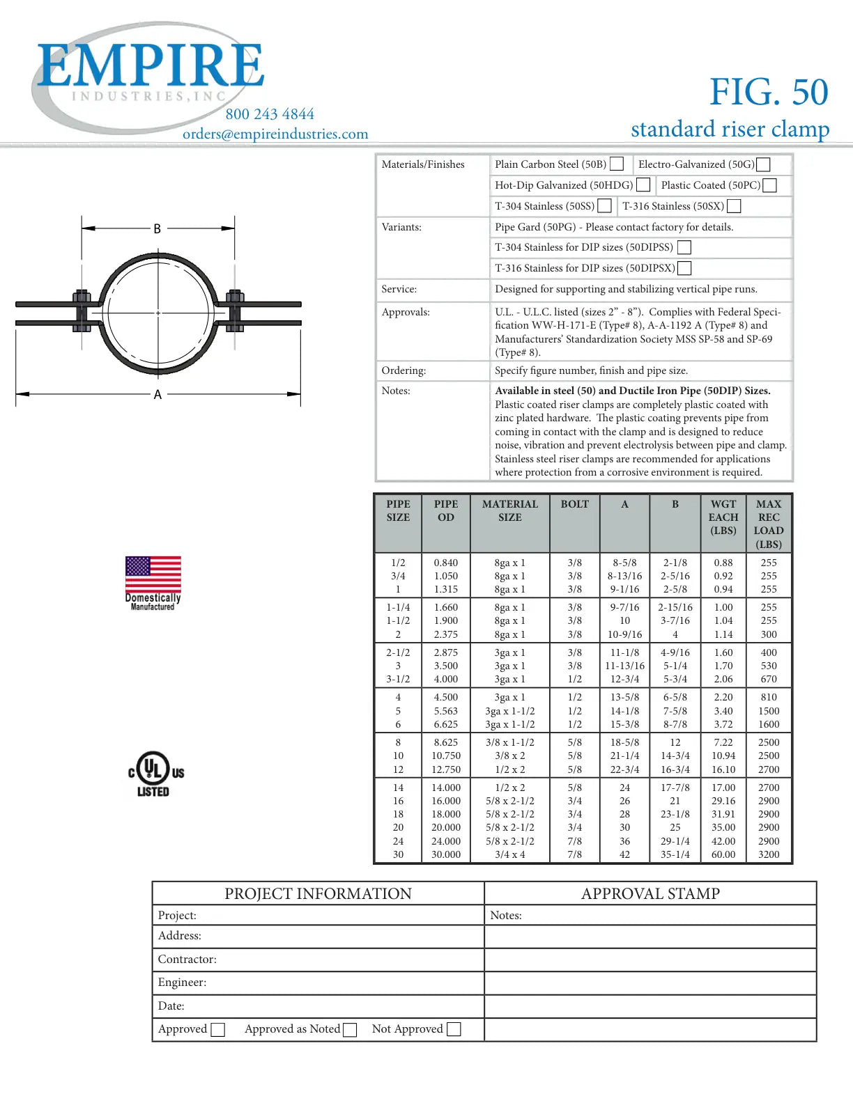 Riser Clamp, 20 in Pipe, 3/4 in Bolt, 2900 lb, Carbon Steel, Hot Dipped Galvanized, Domestic - Specification Sheet