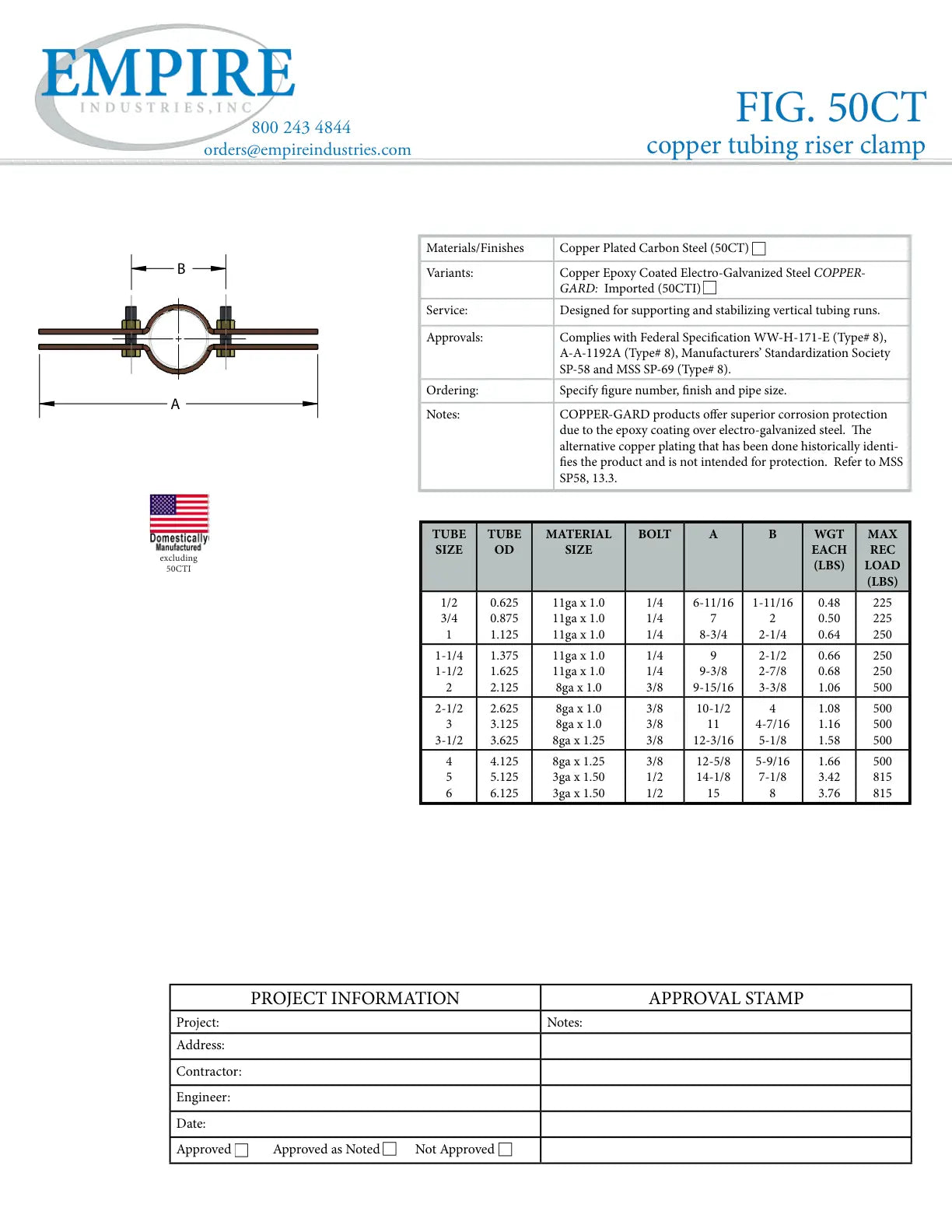 Standard Riser Clamp, 1 in Pipe, 1/4 in Bolt, 250 lb, Carbon Steel, Copper Plated, Domestic - Specification Sheet