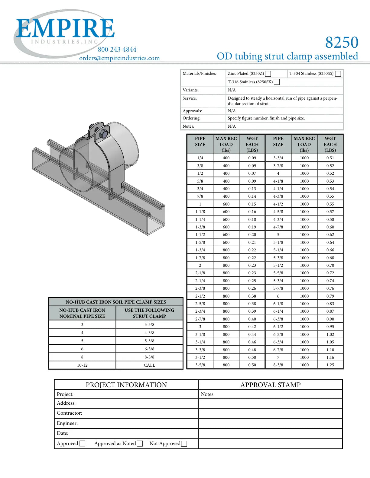 OD Tubing Assembled Strut Clamp, 5-3/4 in, 1000 lb Load, Carbon Steel - Specification Sheet