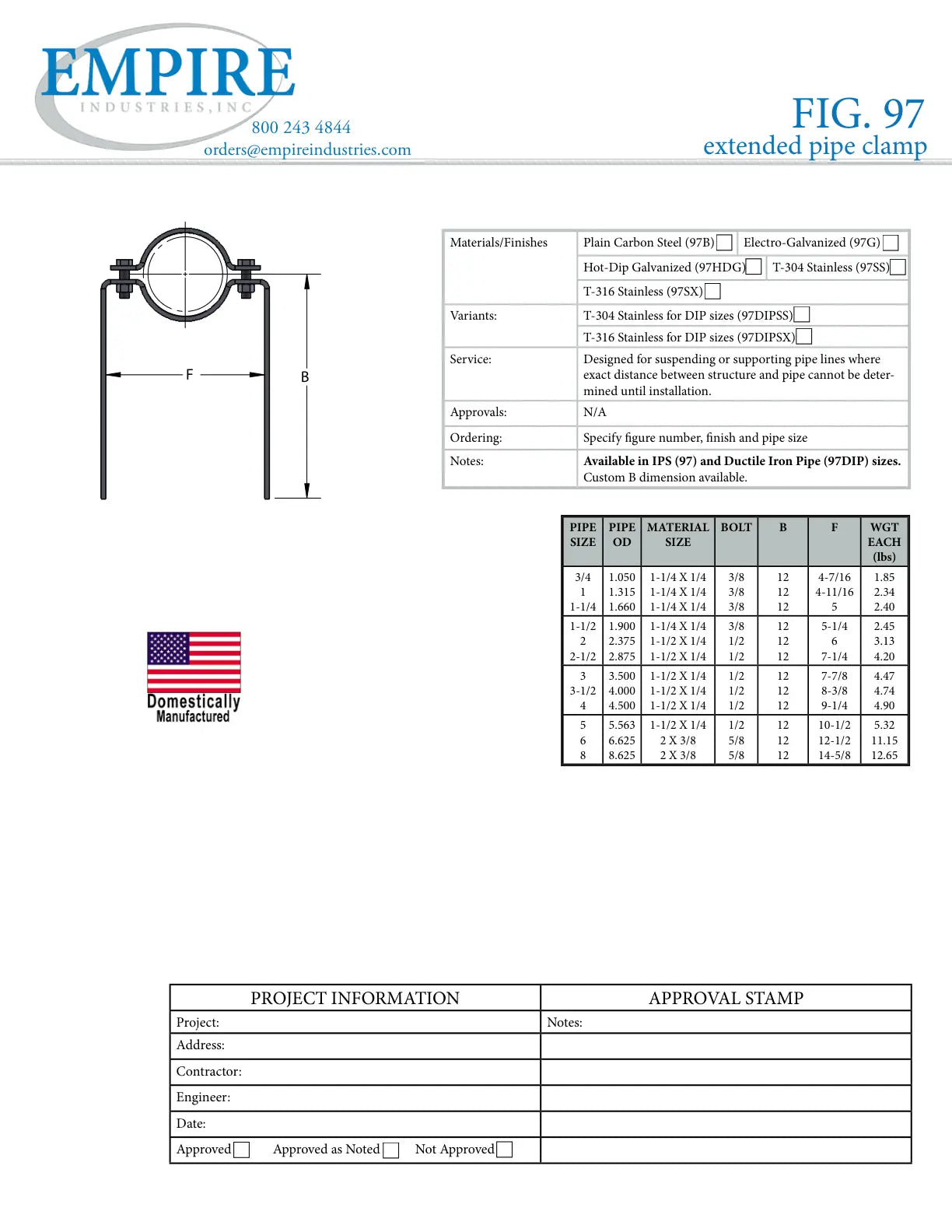 Extended Pipe Clamp, 3/4 in, Carbon Steel, Plain, Domestic - Specification Sheet